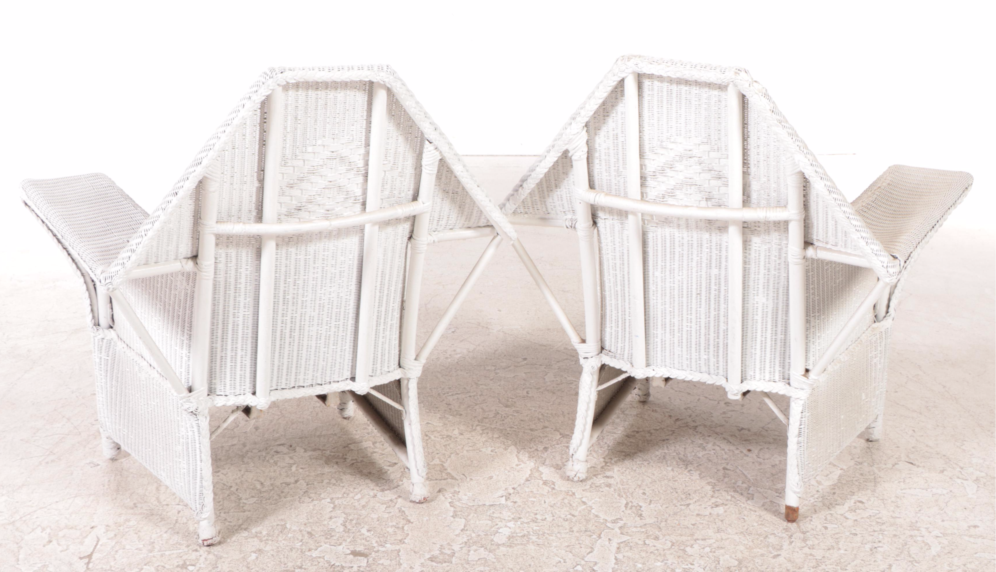 Pair of White-washed Rattan Wicker Patio Lounge Chairs With Side Table