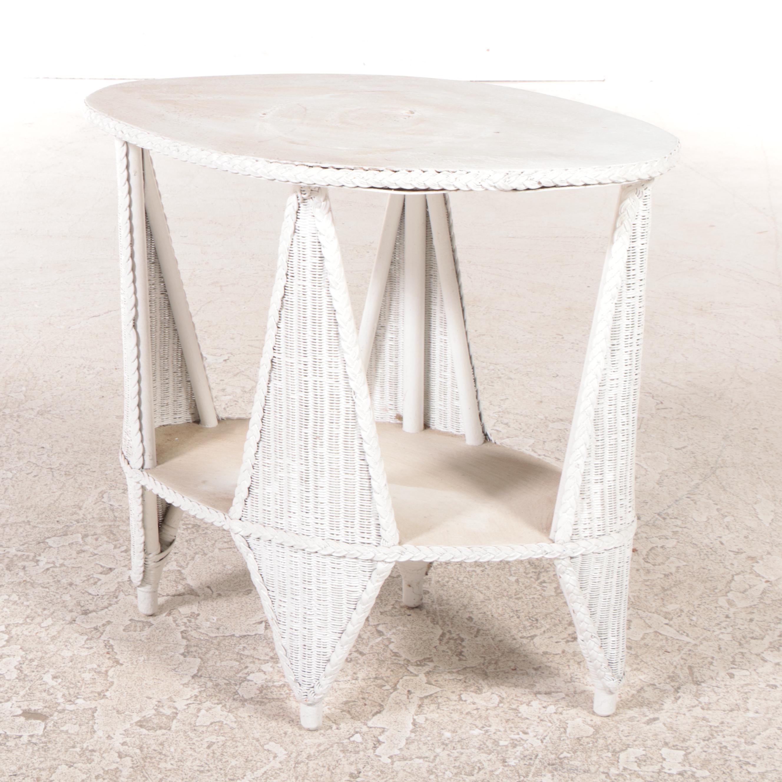 Pair of White-washed Rattan Wicker Patio Lounge Chairs With Side Table