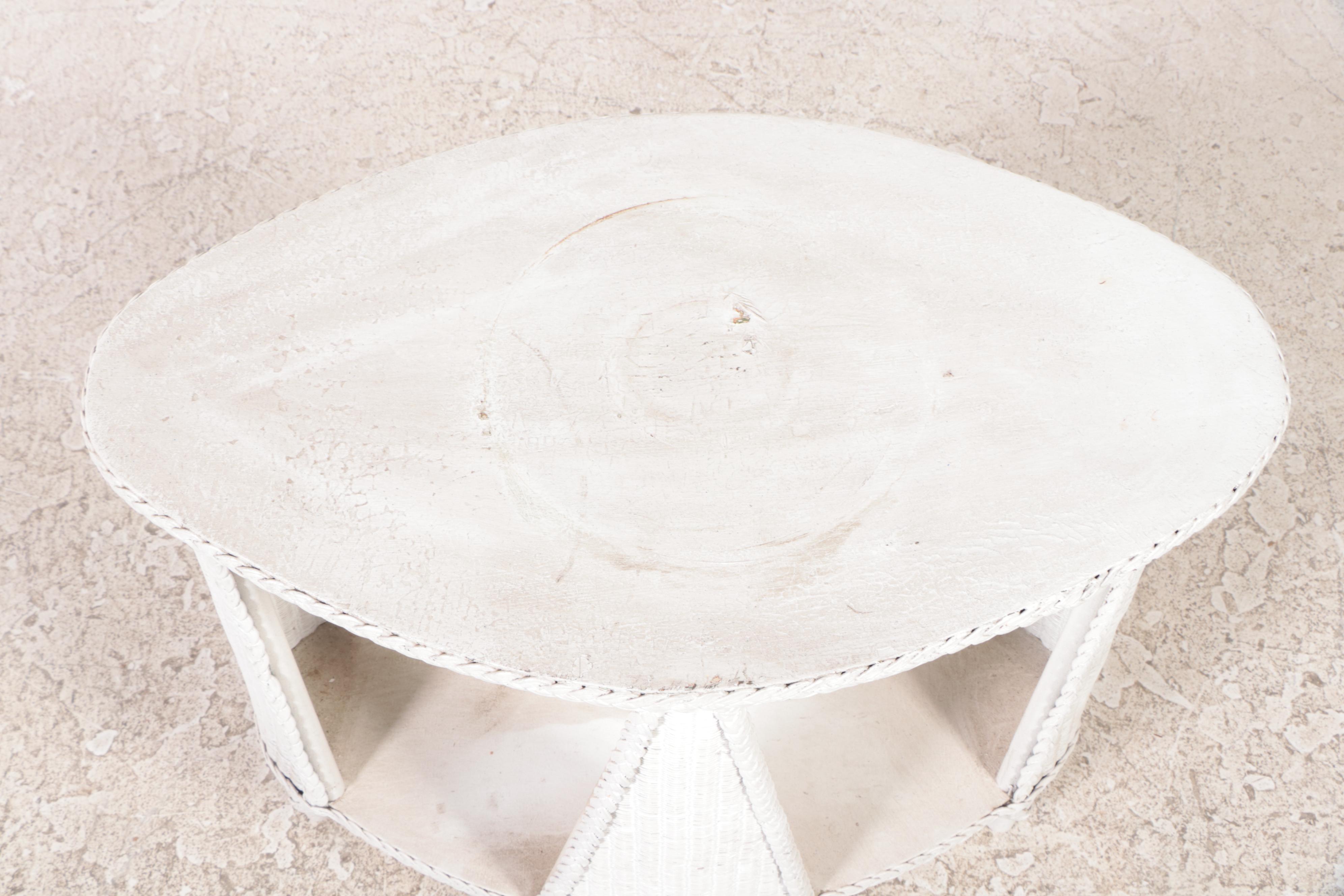 Pair of White-washed Rattan Wicker Patio Lounge Chairs With Side Table