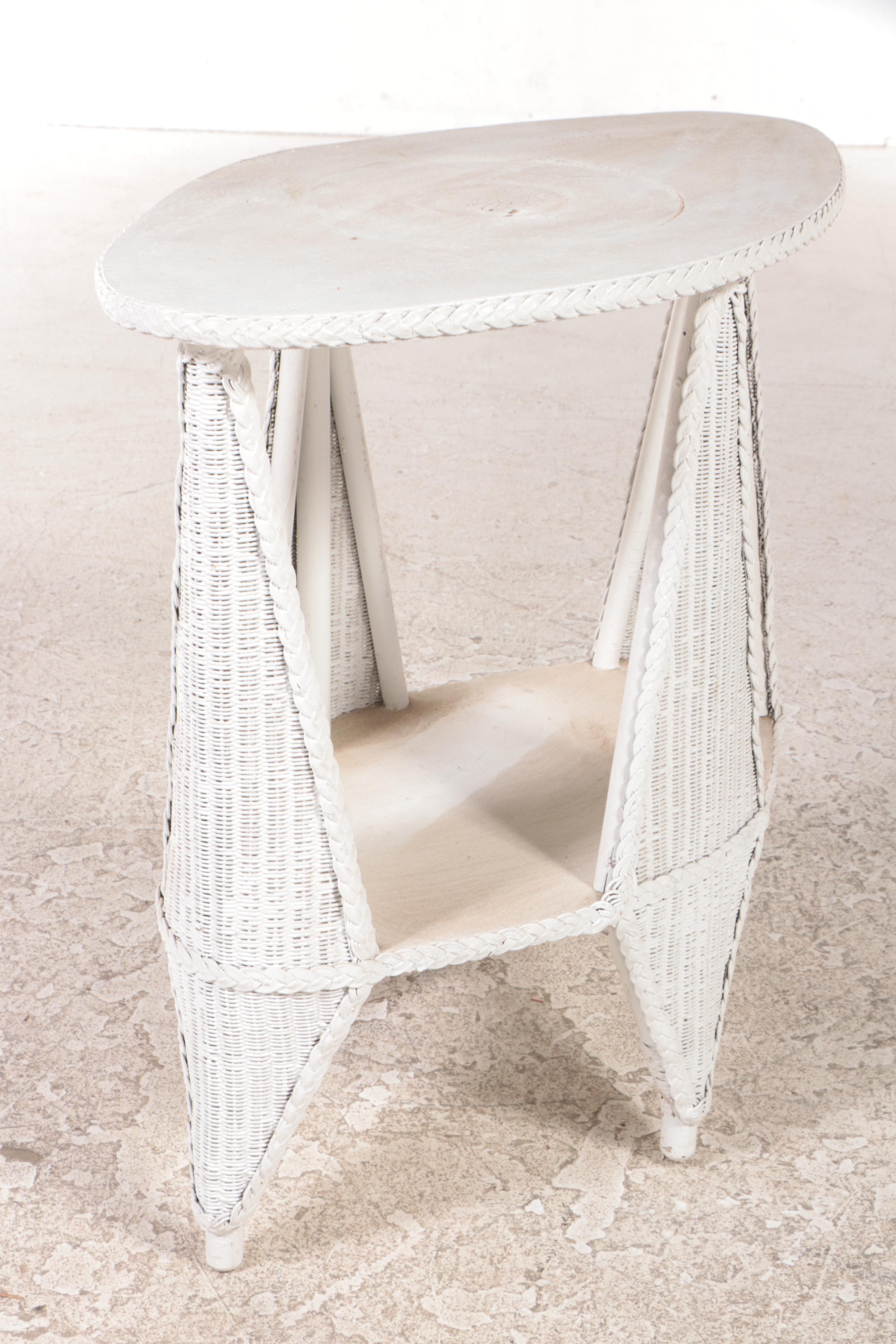 Pair of White-washed Rattan Wicker Patio Lounge Chairs With Side Table