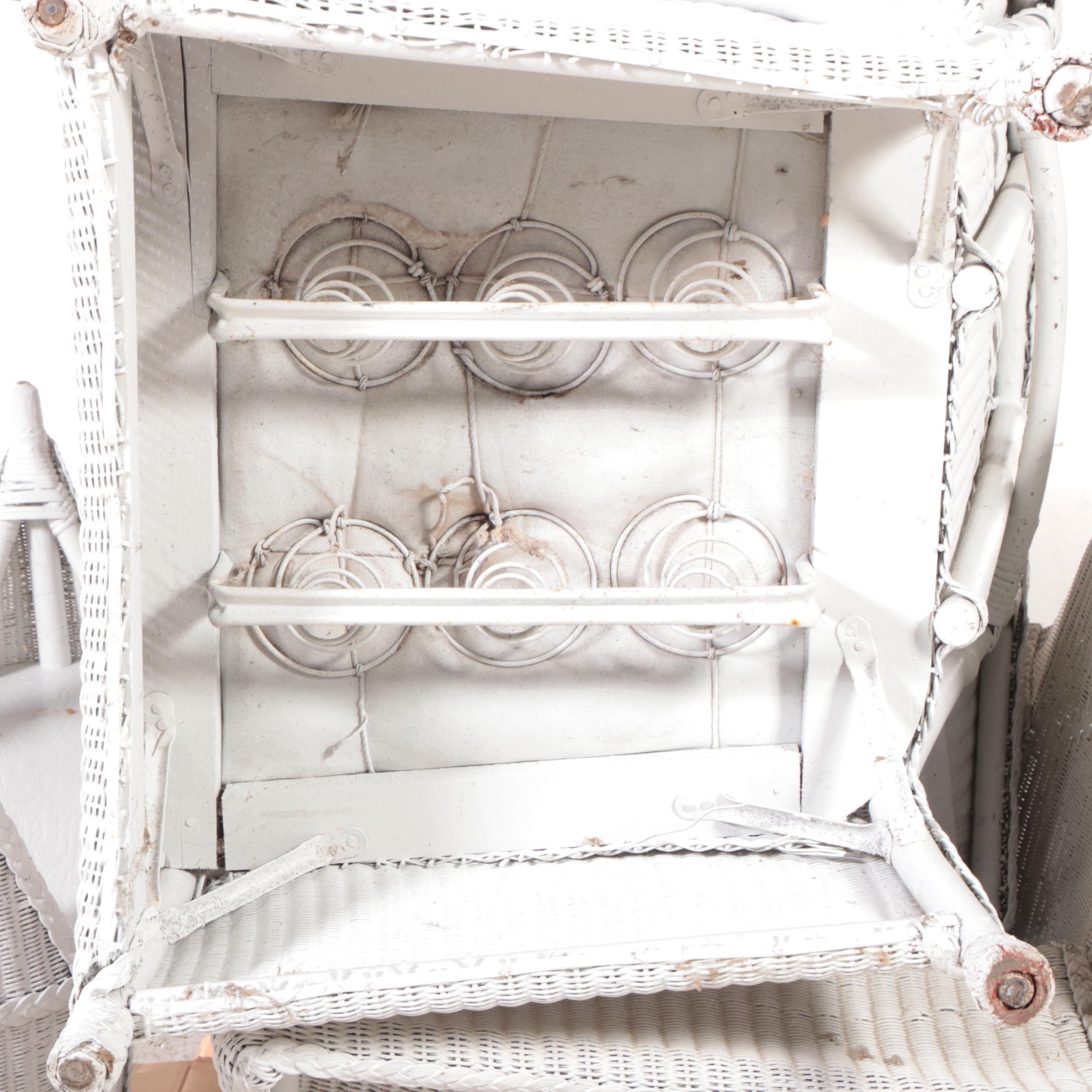 Pair of White-washed Rattan Wicker Patio Lounge Chairs With Side Table