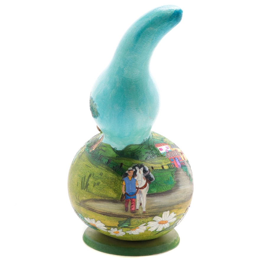 Tarralí Artist Signed Hand-Painted Gourd Nativity Scene with Wood Stand