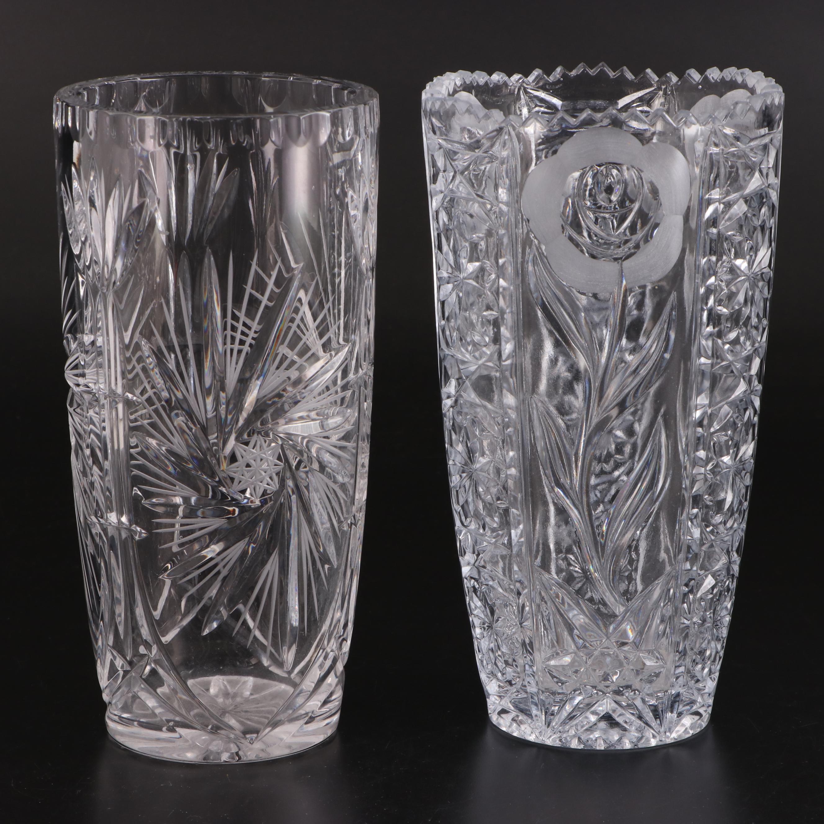 American Brilliant Style Pinwheel Cut Crystal Vase and Floral Pressed Glass Vase