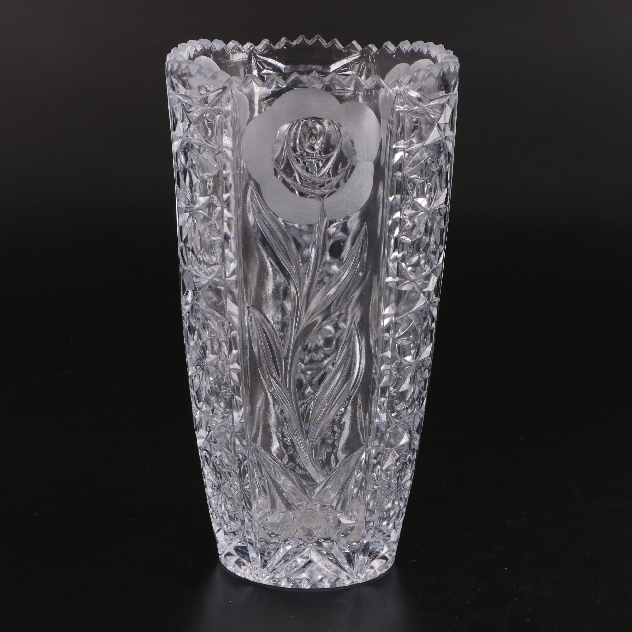American Brilliant Style Pinwheel Cut Crystal Vase and Floral Pressed Glass Vase