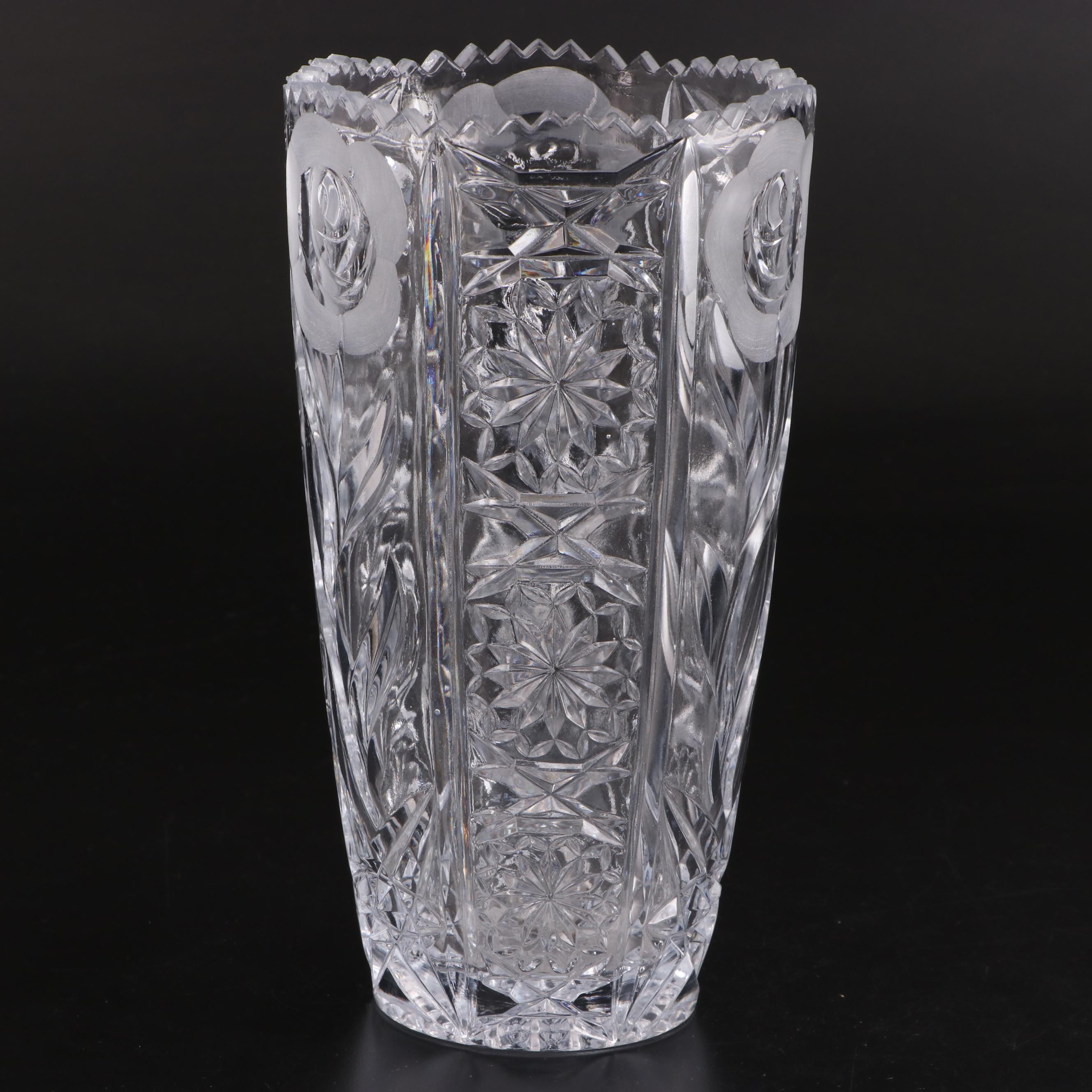 American Brilliant Style Pinwheel Cut Crystal Vase and Floral Pressed Glass Vase