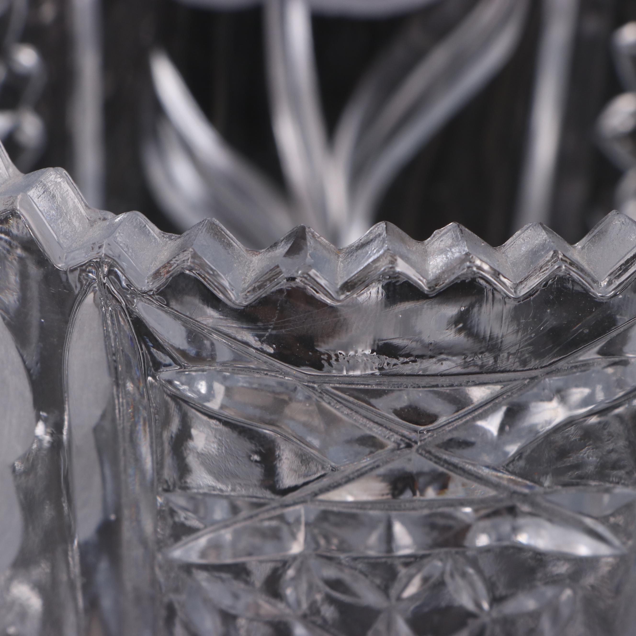 American Brilliant Style Pinwheel Cut Crystal Vase and Floral Pressed Glass Vase