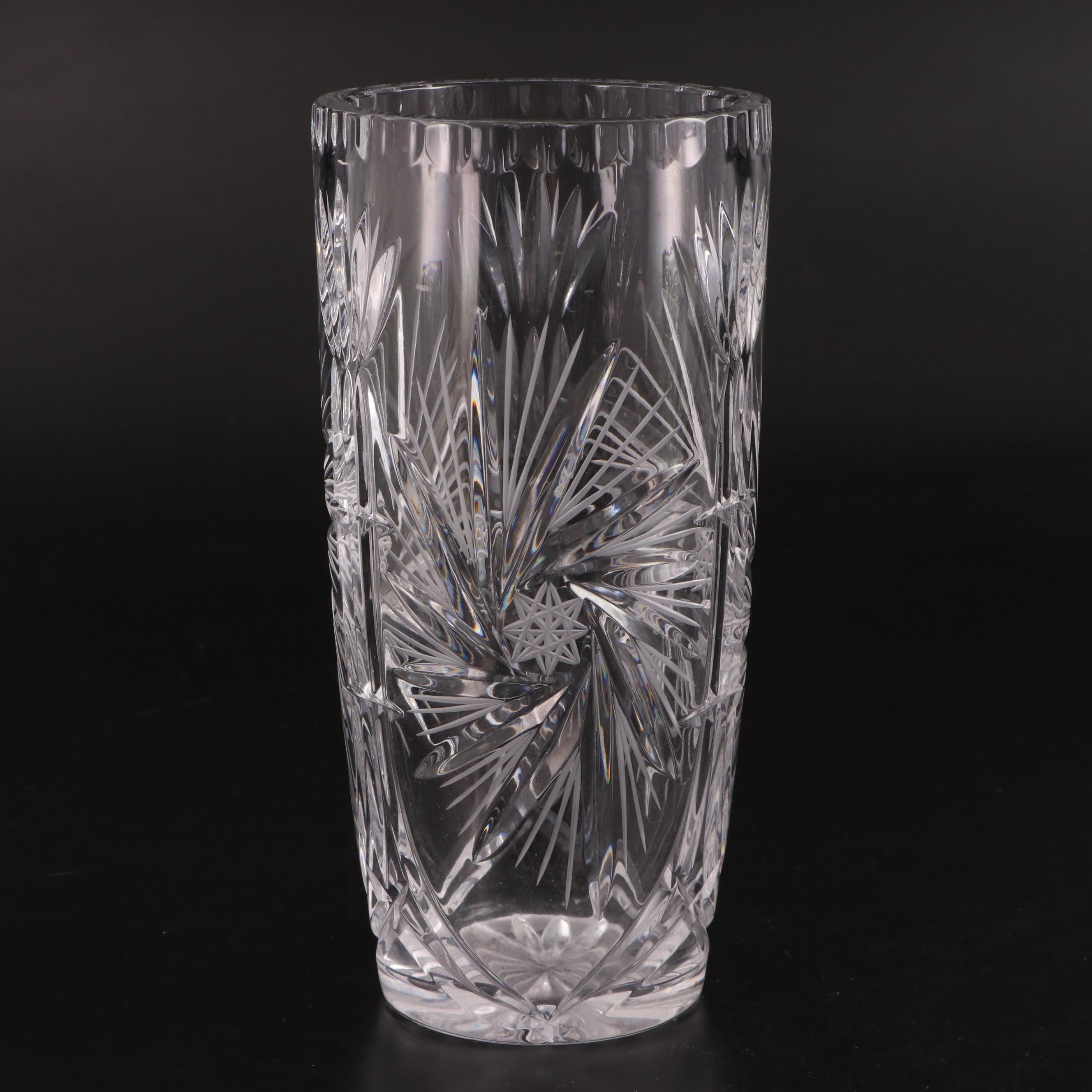 American Brilliant Style Pinwheel Cut Crystal Vase and Floral Pressed Glass Vase