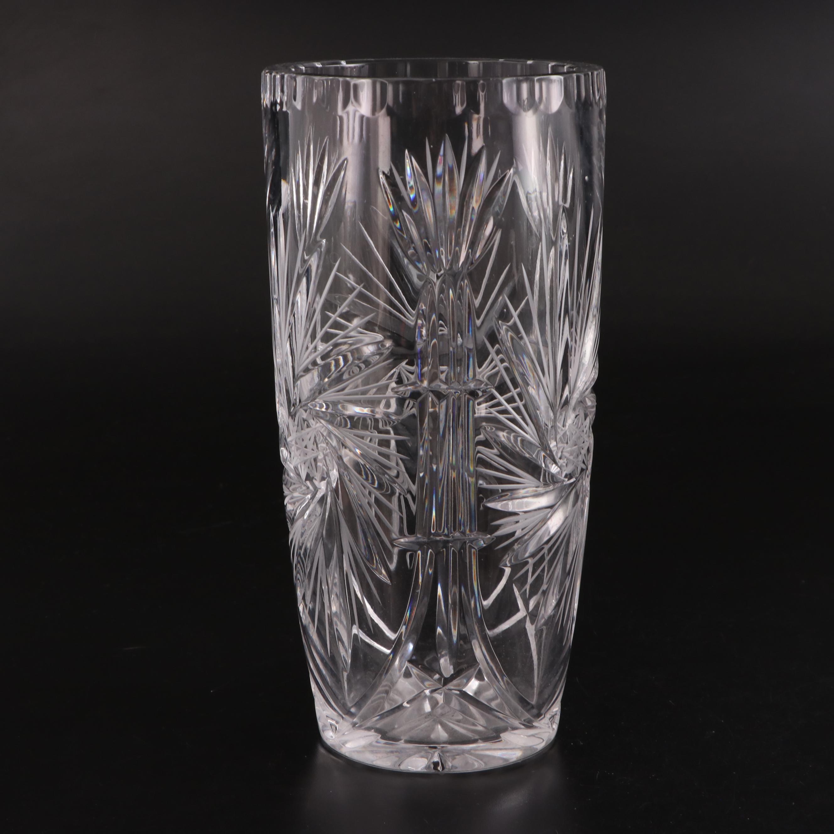 American Brilliant Style Pinwheel Cut Crystal Vase and Floral Pressed Glass Vase