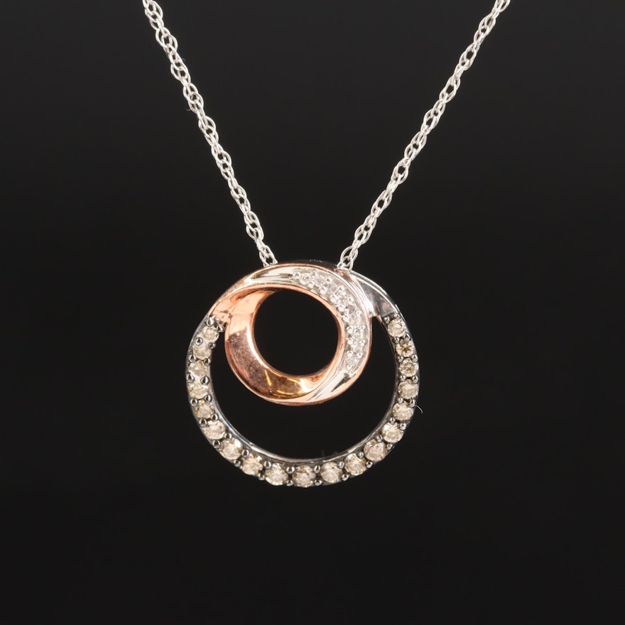 Sterling Diamond Double Circle Pendant Necklace with 10K Rose Gold Accent