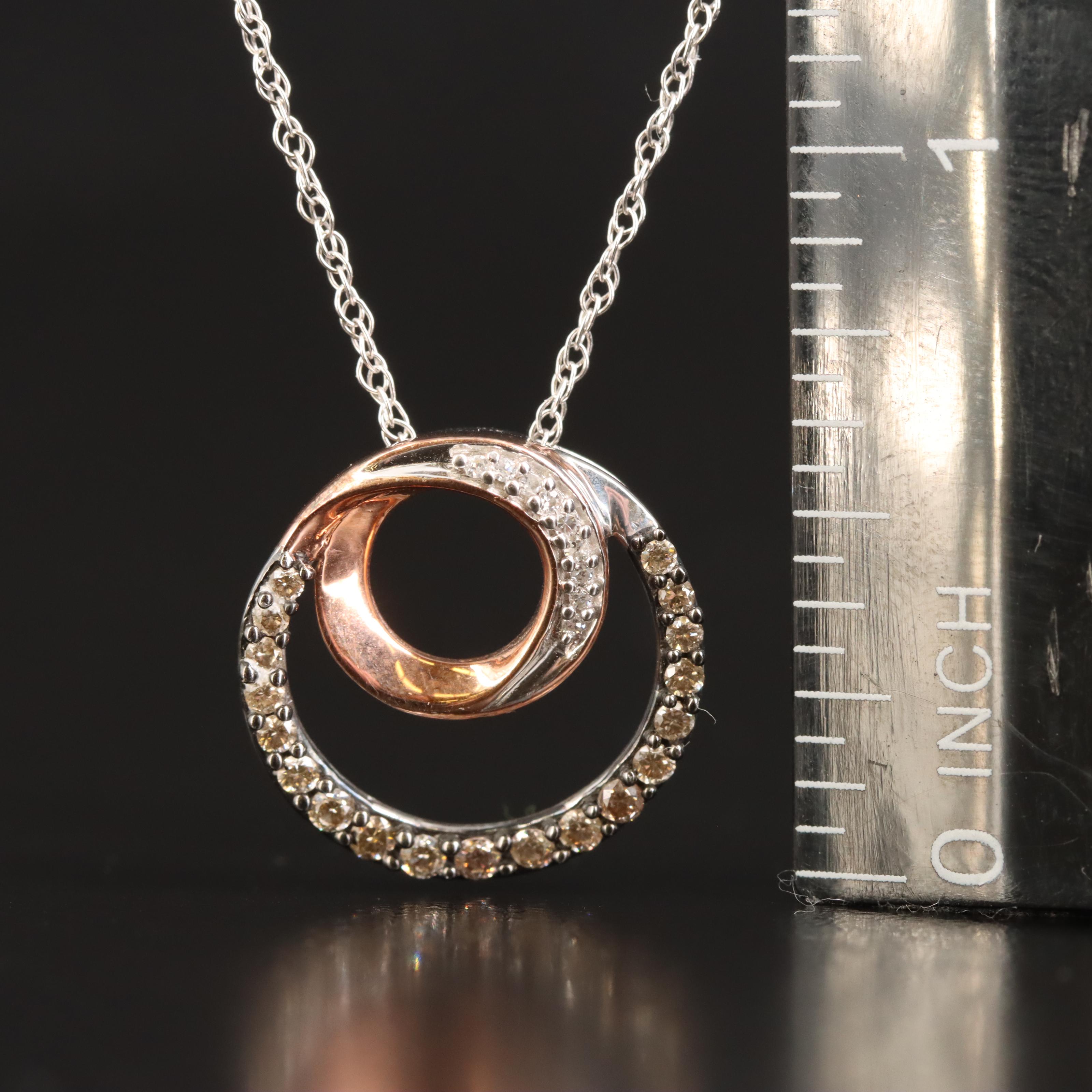 Sterling Diamond Double Circle Pendant Necklace with 10K Rose Gold Accent