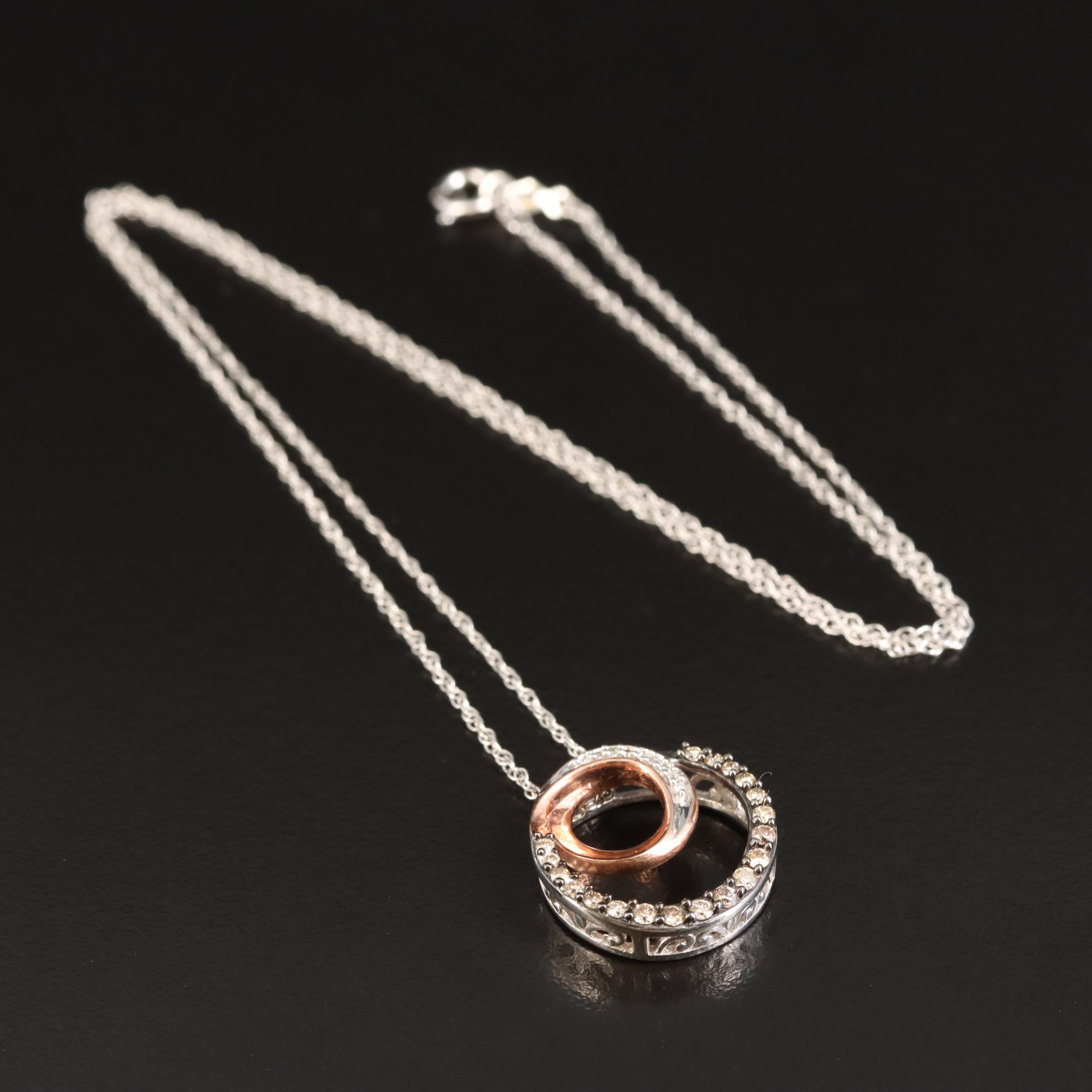 Sterling Diamond Double Circle Pendant Necklace with 10K Rose Gold Accent
