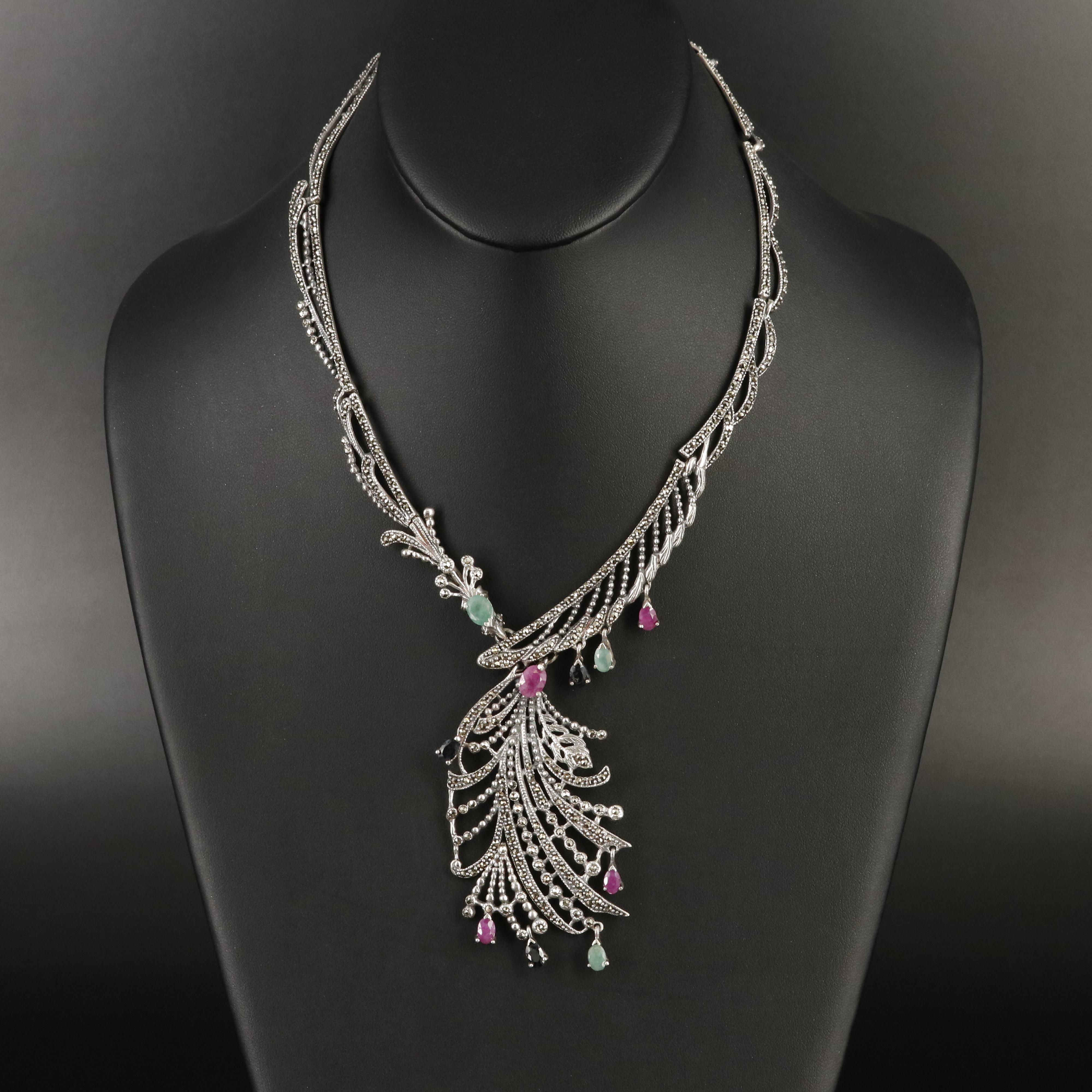 Sterling Emerald, Sapphire, Ruby and Marcasite Peacock Necklace