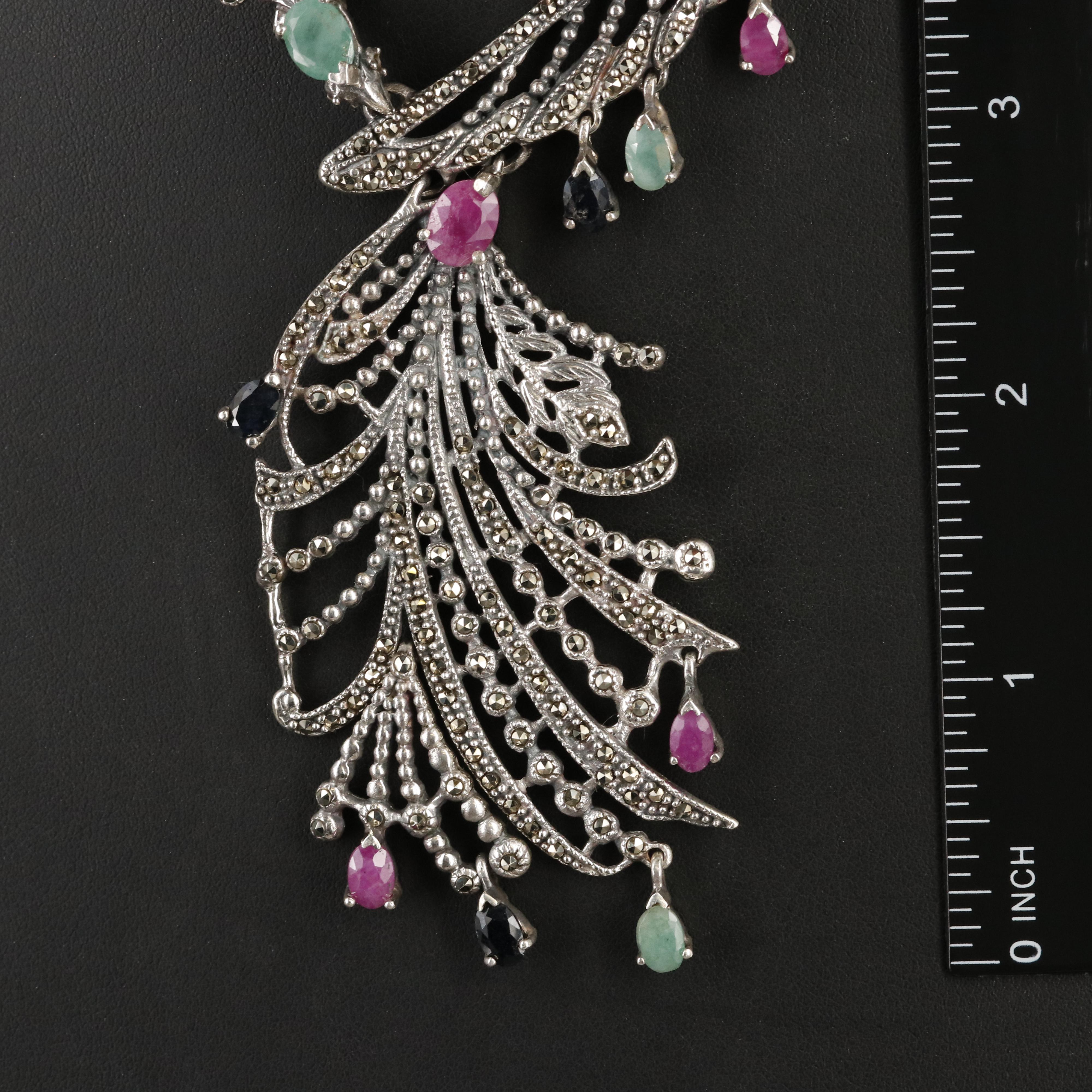 Sterling Emerald, Sapphire, Ruby and Marcasite Peacock Necklace