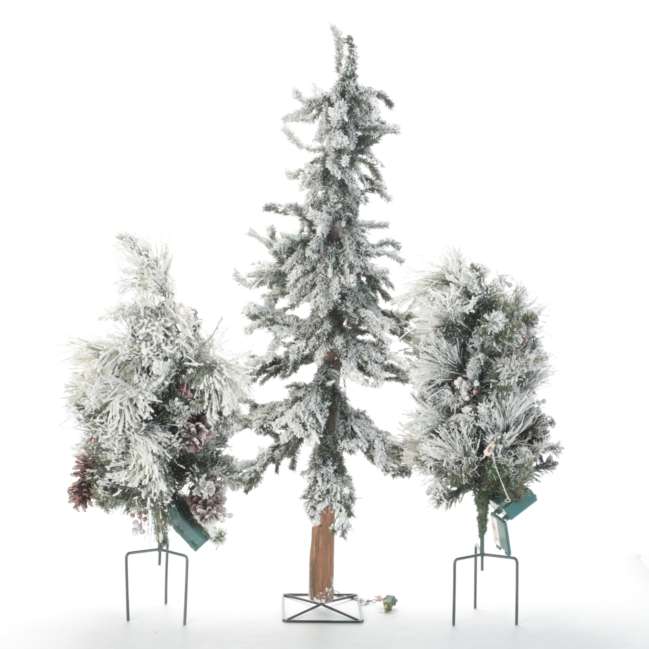 Flocked and Pre-Lit Christmas Trees With Pre-Lit Holiday Wreath