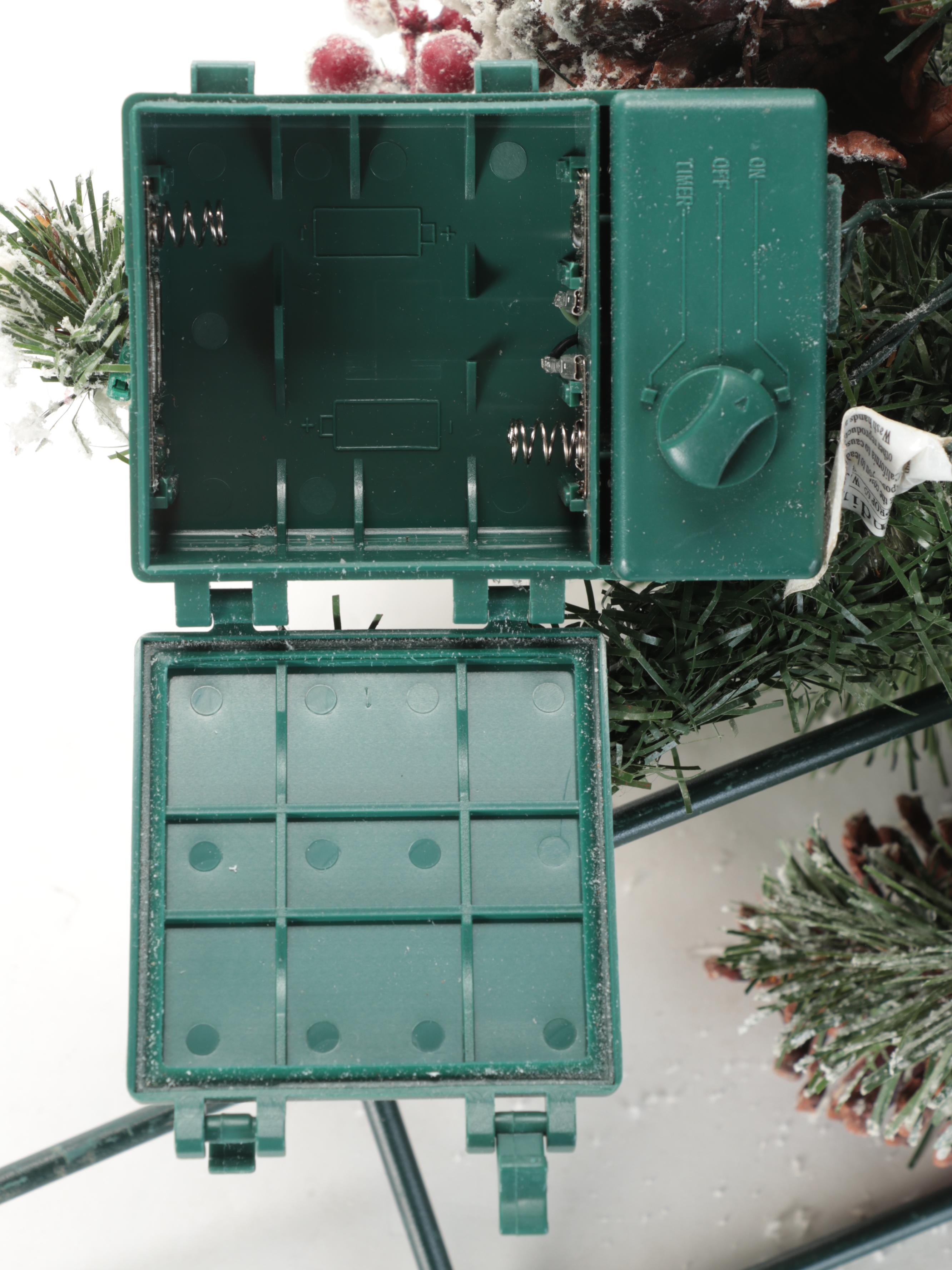 Flocked and Pre-Lit Christmas Trees With Pre-Lit Holiday Wreath