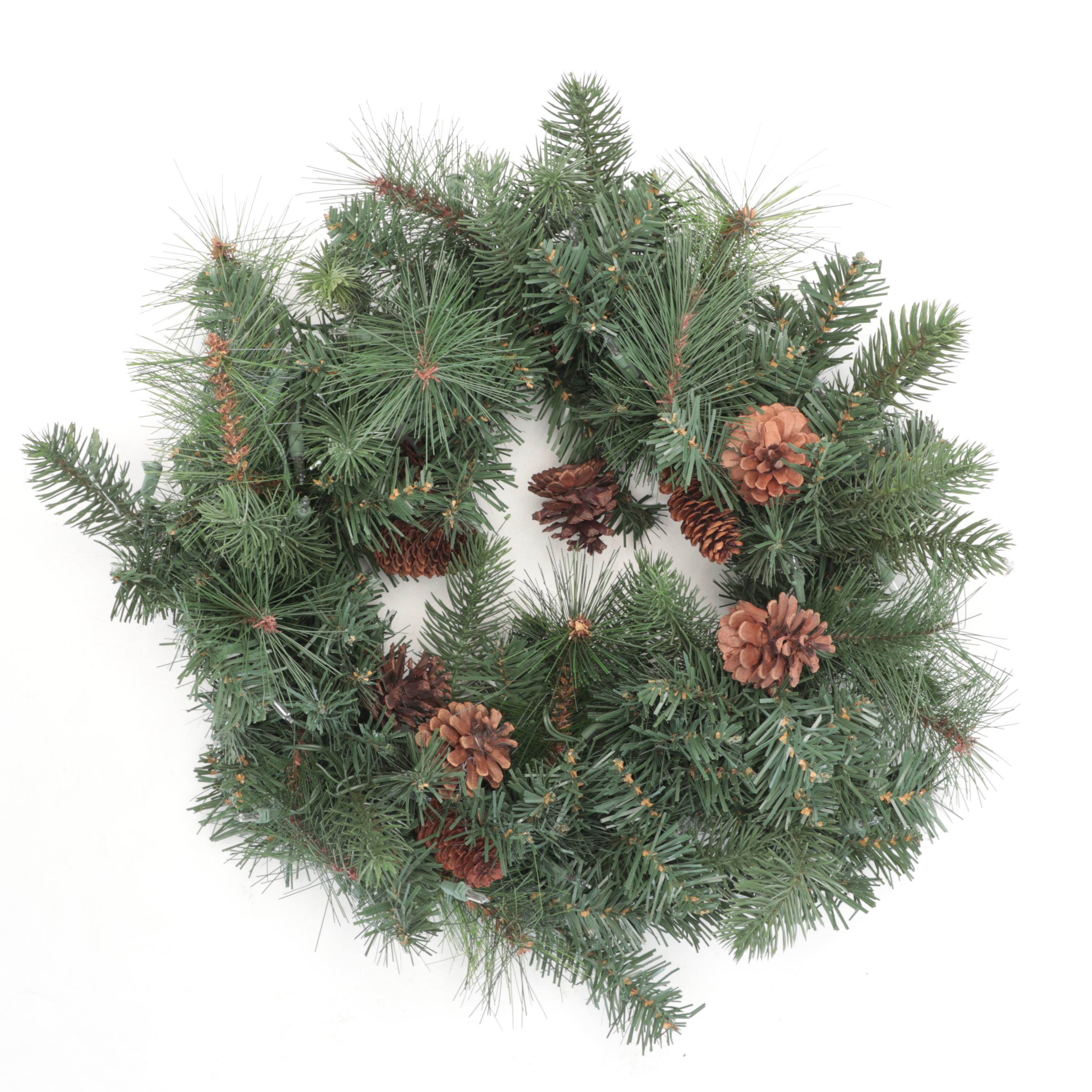 Flocked and Pre-Lit Christmas Trees With Pre-Lit Holiday Wreath