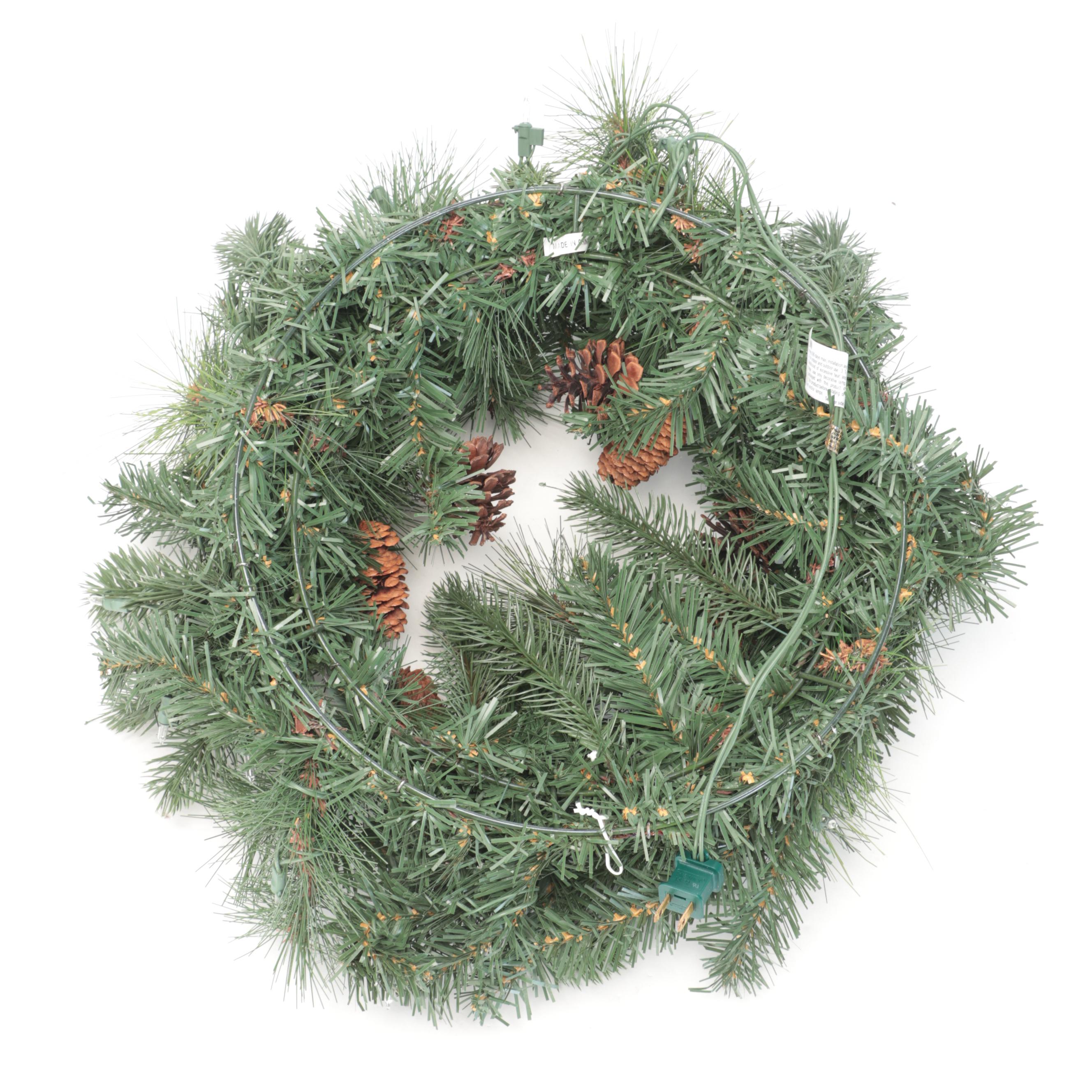 Flocked and Pre-Lit Christmas Trees With Pre-Lit Holiday Wreath