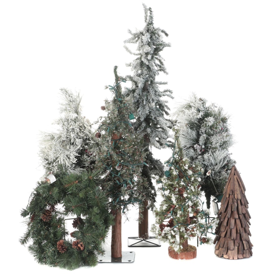 Flocked and Pre-Lit Christmas Trees With Pre-Lit Holiday Wreath