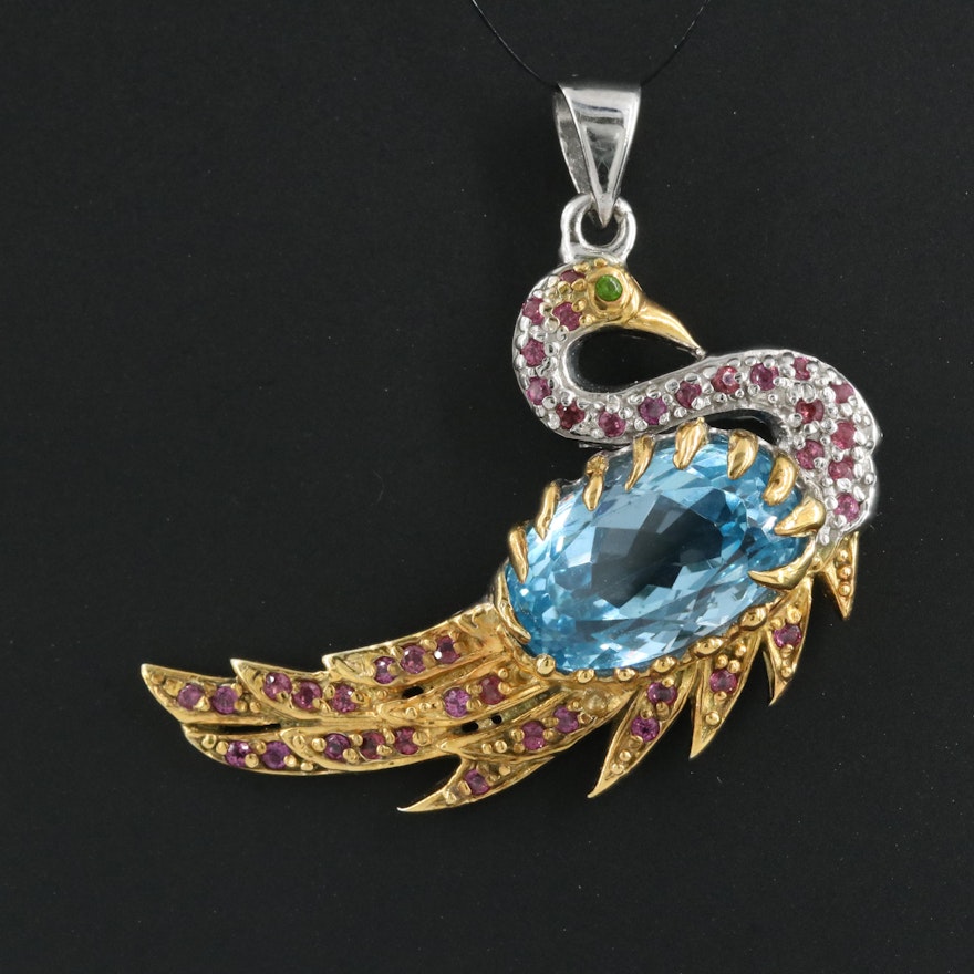 Sterling Swiss Blue Topaz, Garnet and Diopside Bird Pendant