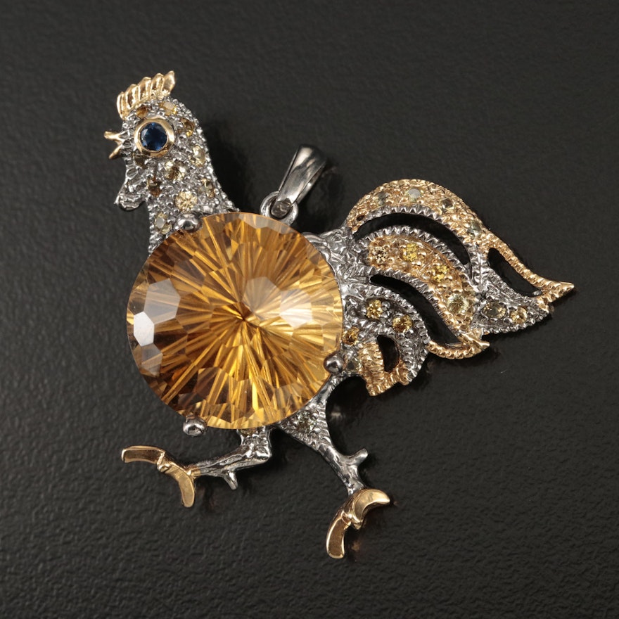 Sterling Citrine and Sapphire Rooster Pendant