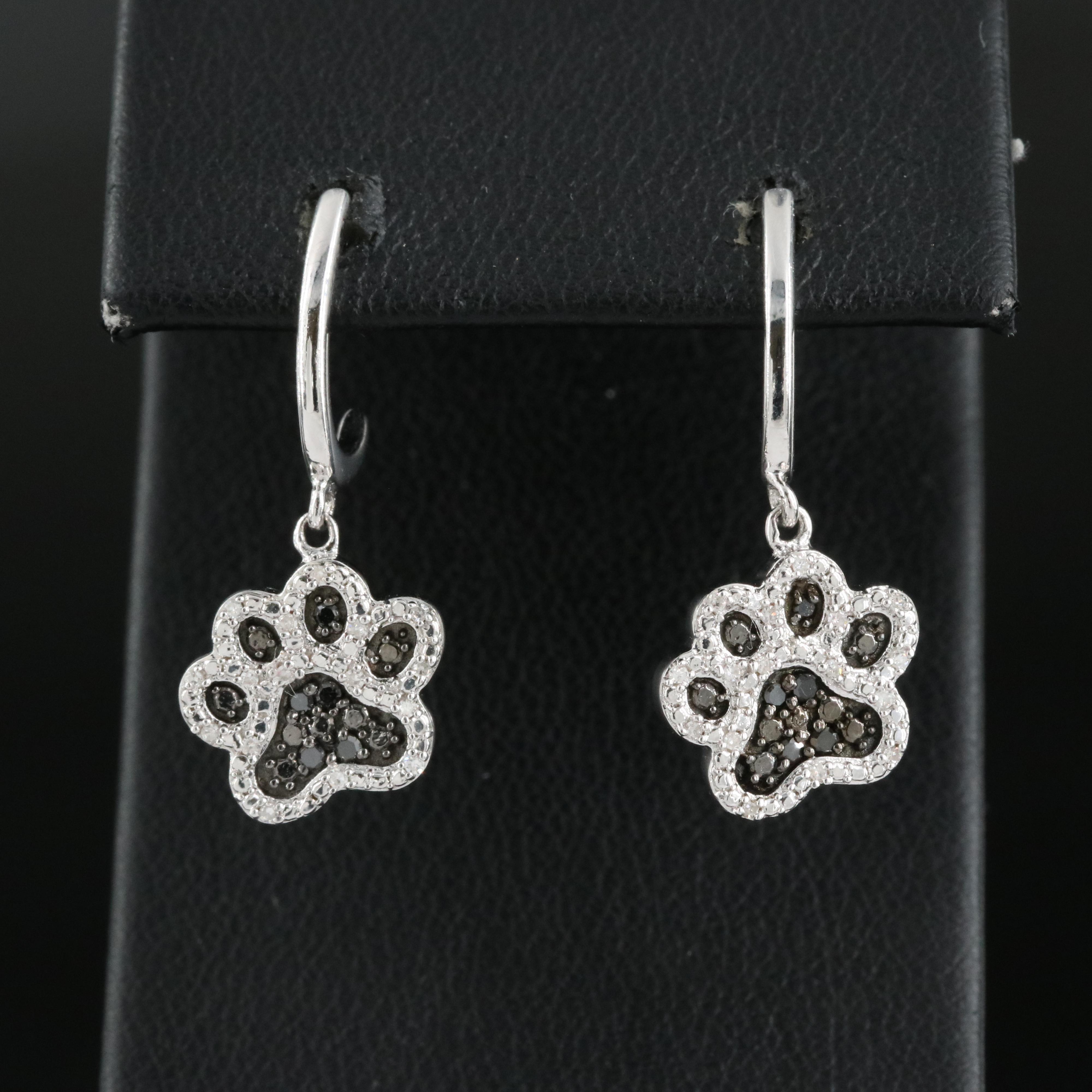 Sterling J-Hoop Diamond Paw Print Drop Earrings