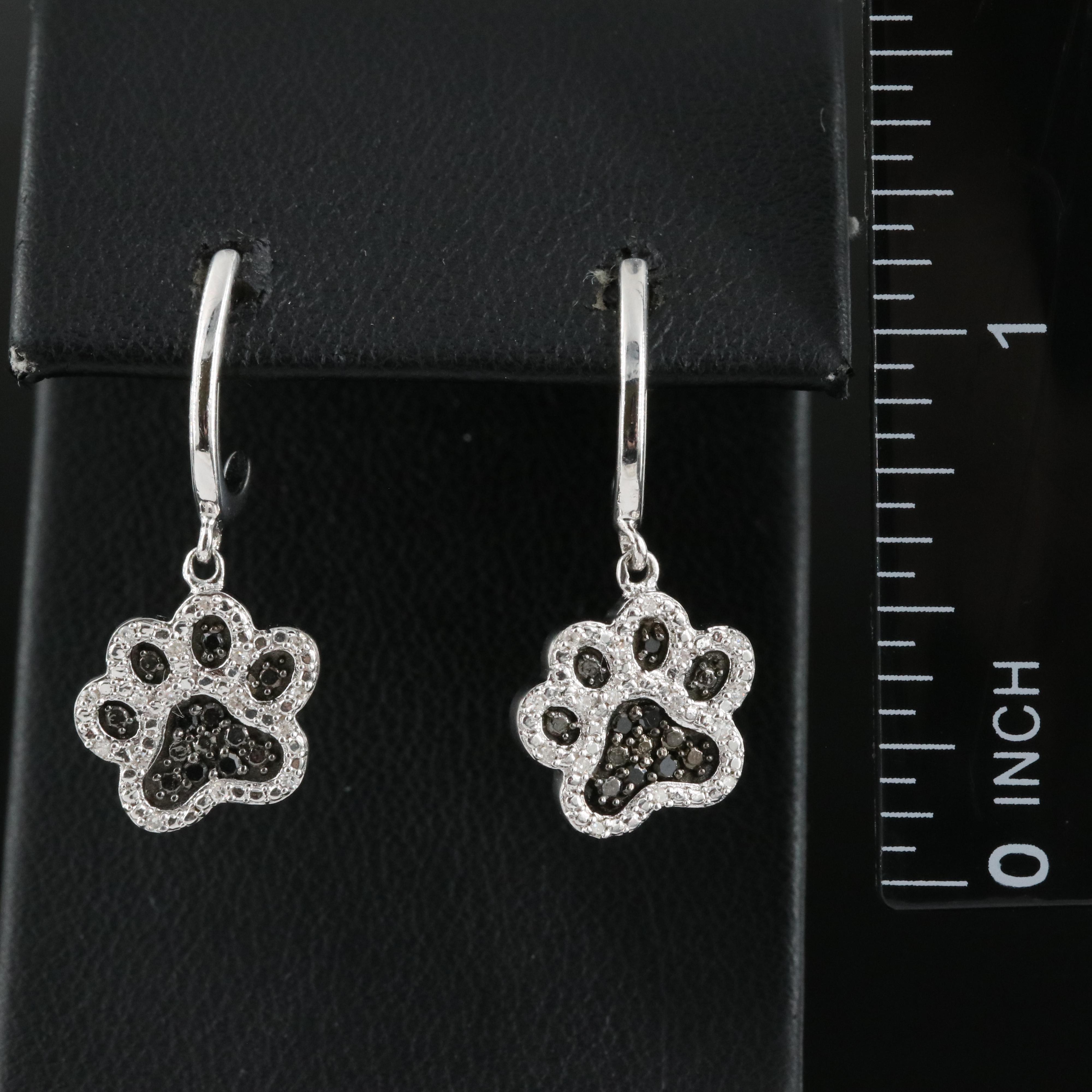 Sterling J-Hoop Diamond Paw Print Drop Earrings
