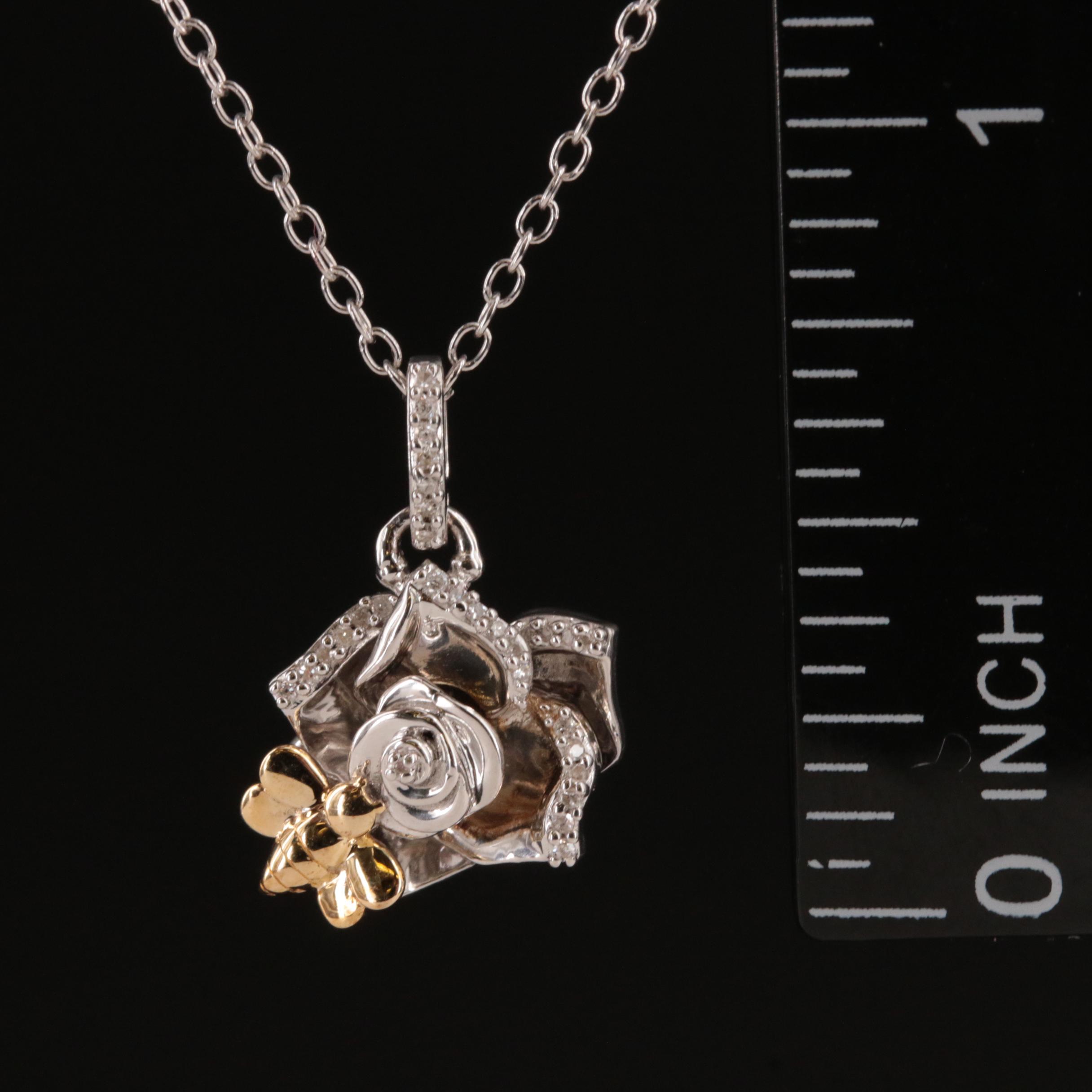 Hallmark Sterling Diamond Flower with Bee Pendant Necklace with 14K Accents