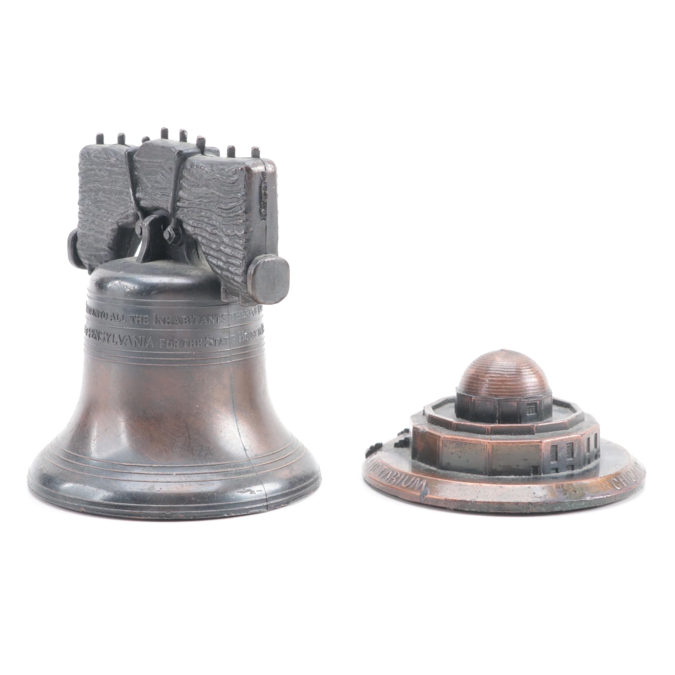 Souvenir Liberty Bell, Adler Planetarium Figurine and Copper Country Cup