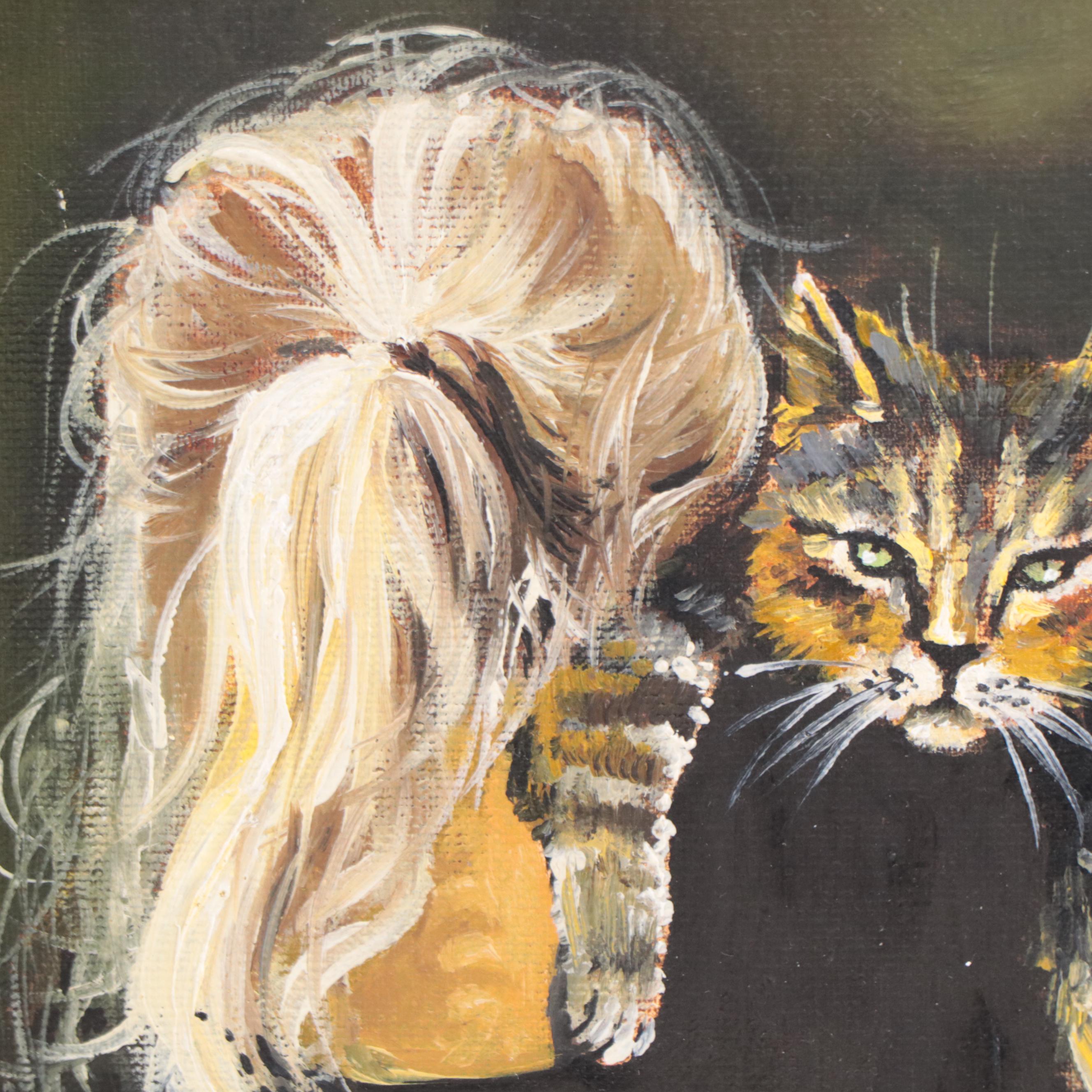Figural Oil Painting of Girl and Cat, 21st Century
