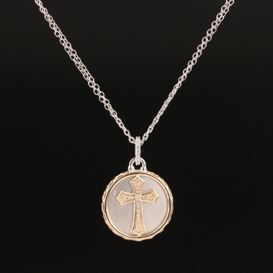 Sterling Diamond Cross Pendant Necklace with 14K Accents