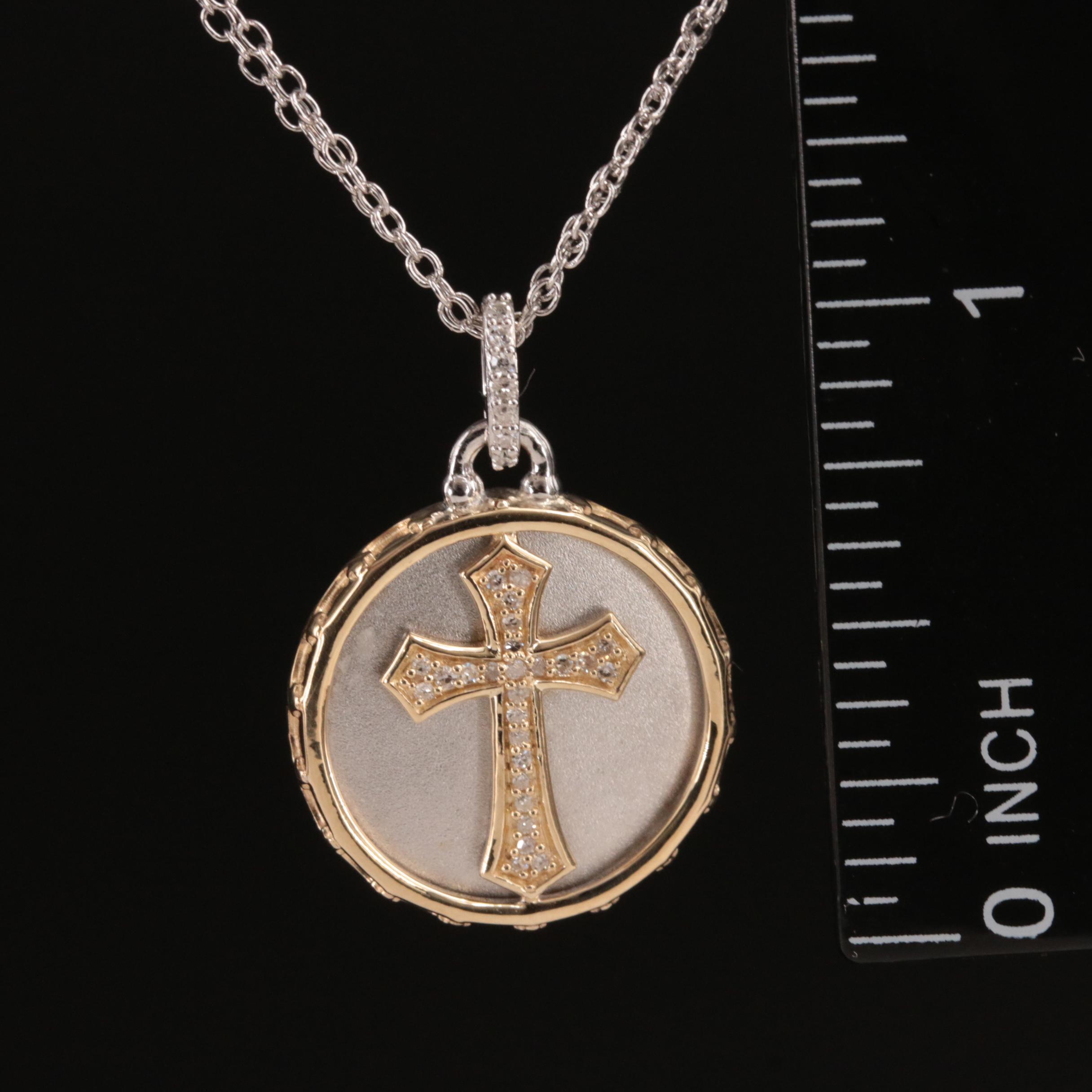 Sterling Diamond Cross Pendant Necklace with 14K Accents