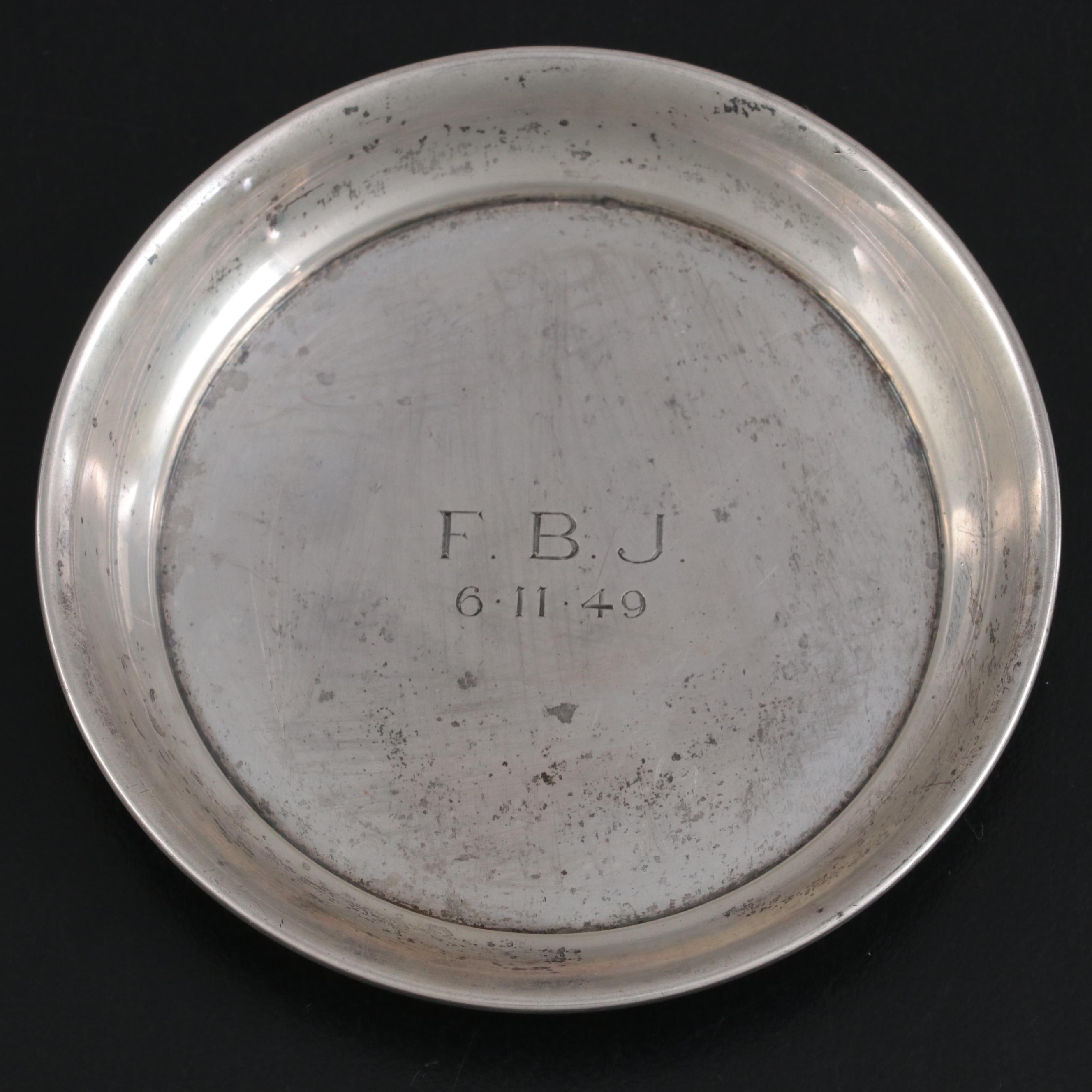 Currier & Roby Sterling Silver Dish with Silver Plate Muffineer and Salt Cellars