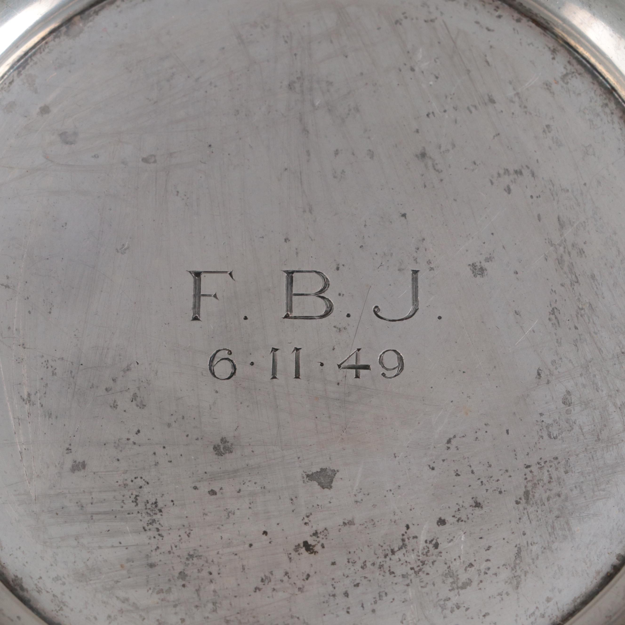 Currier & Roby Sterling Silver Dish with Silver Plate Muffineer and Salt Cellars