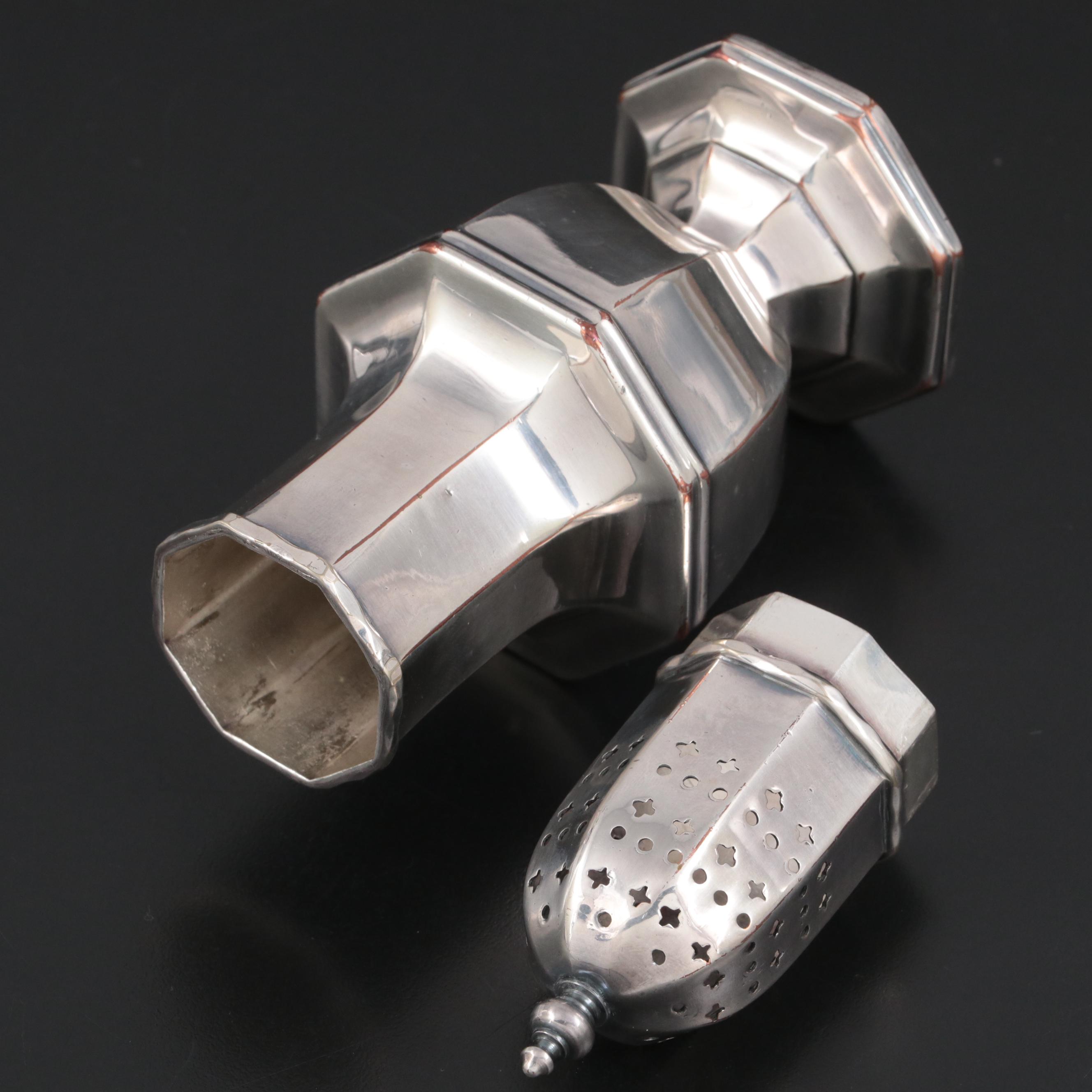 Currier & Roby Sterling Silver Dish with Silver Plate Muffineer and Salt Cellars