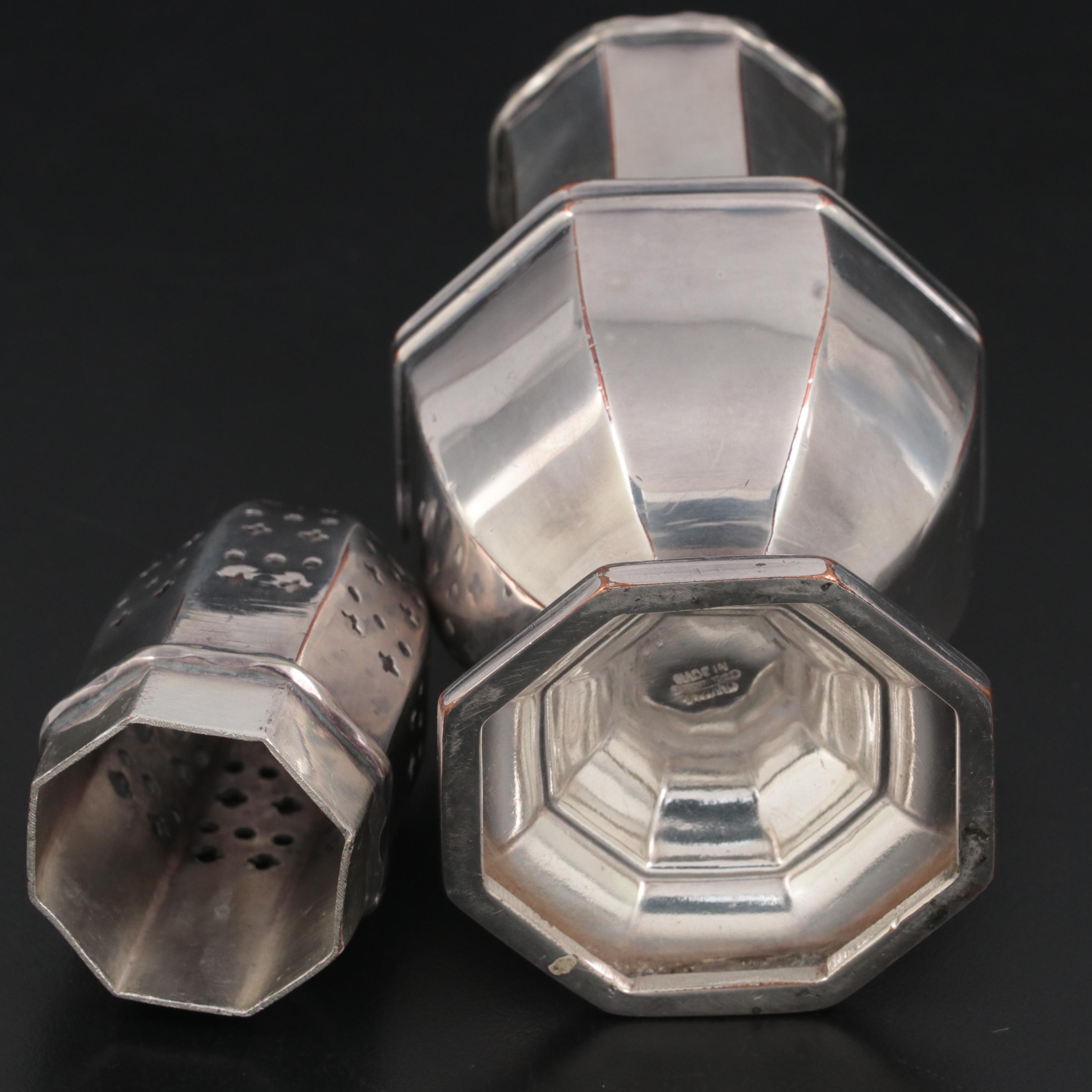 Currier & Roby Sterling Silver Dish with Silver Plate Muffineer and Salt Cellars