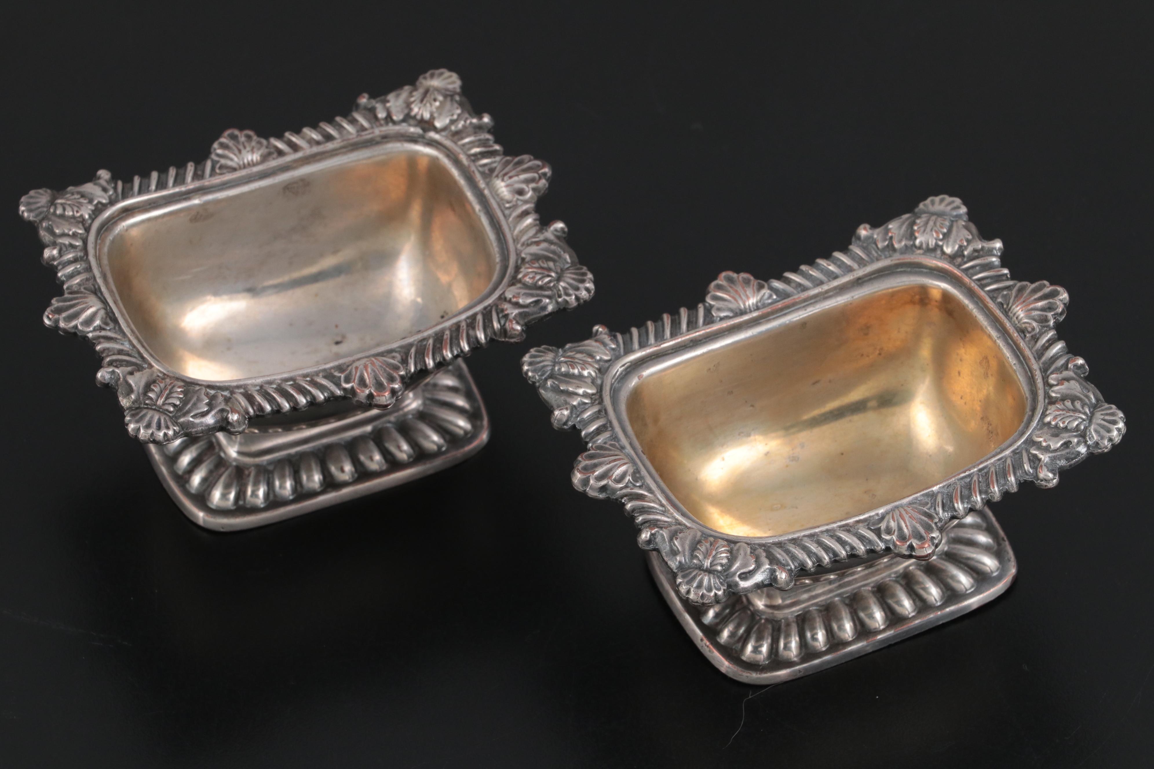 Currier & Roby Sterling Silver Dish with Silver Plate Muffineer and Salt Cellars