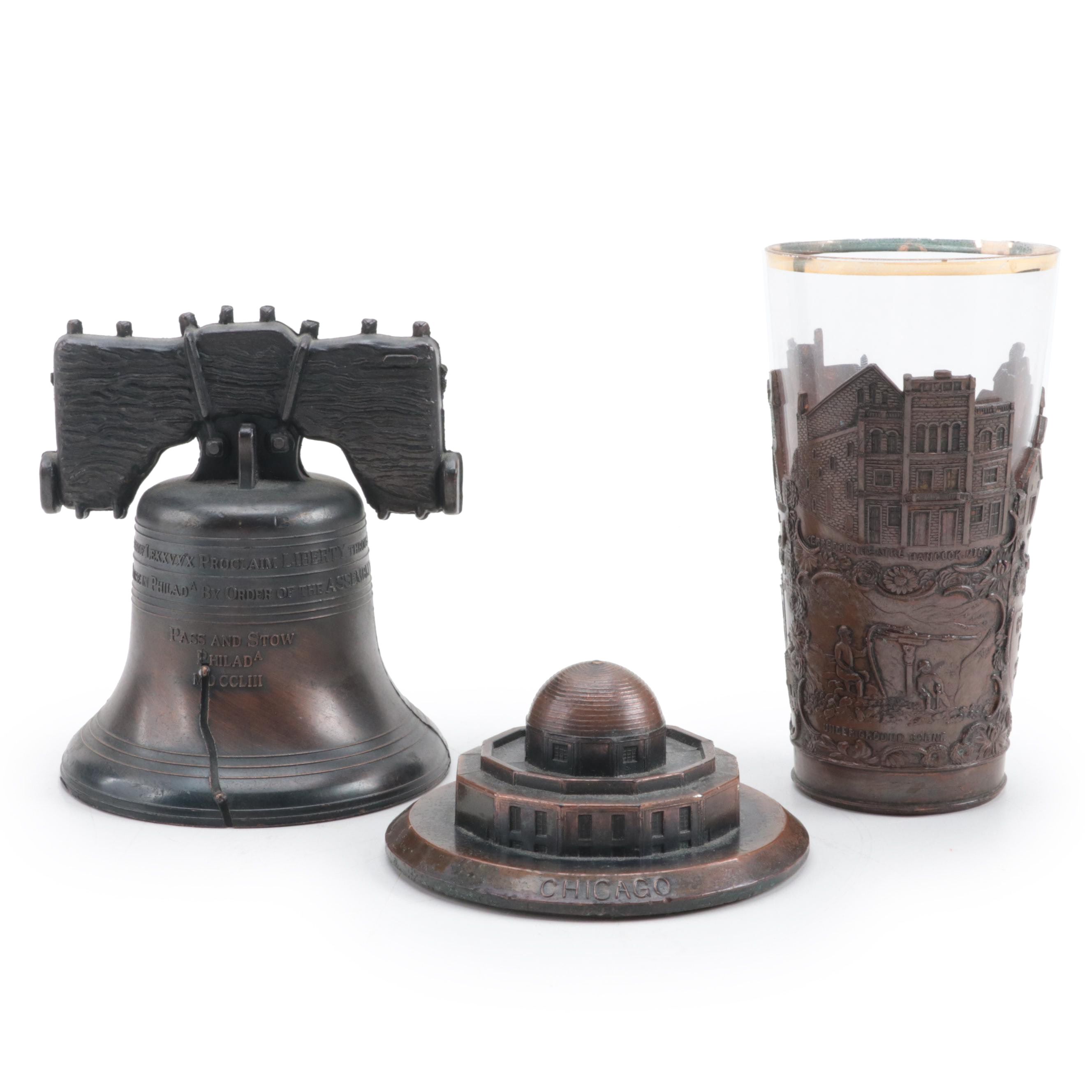 Souvenir Liberty Bell, Adler Planetarium Figurine and Copper Country Cup
