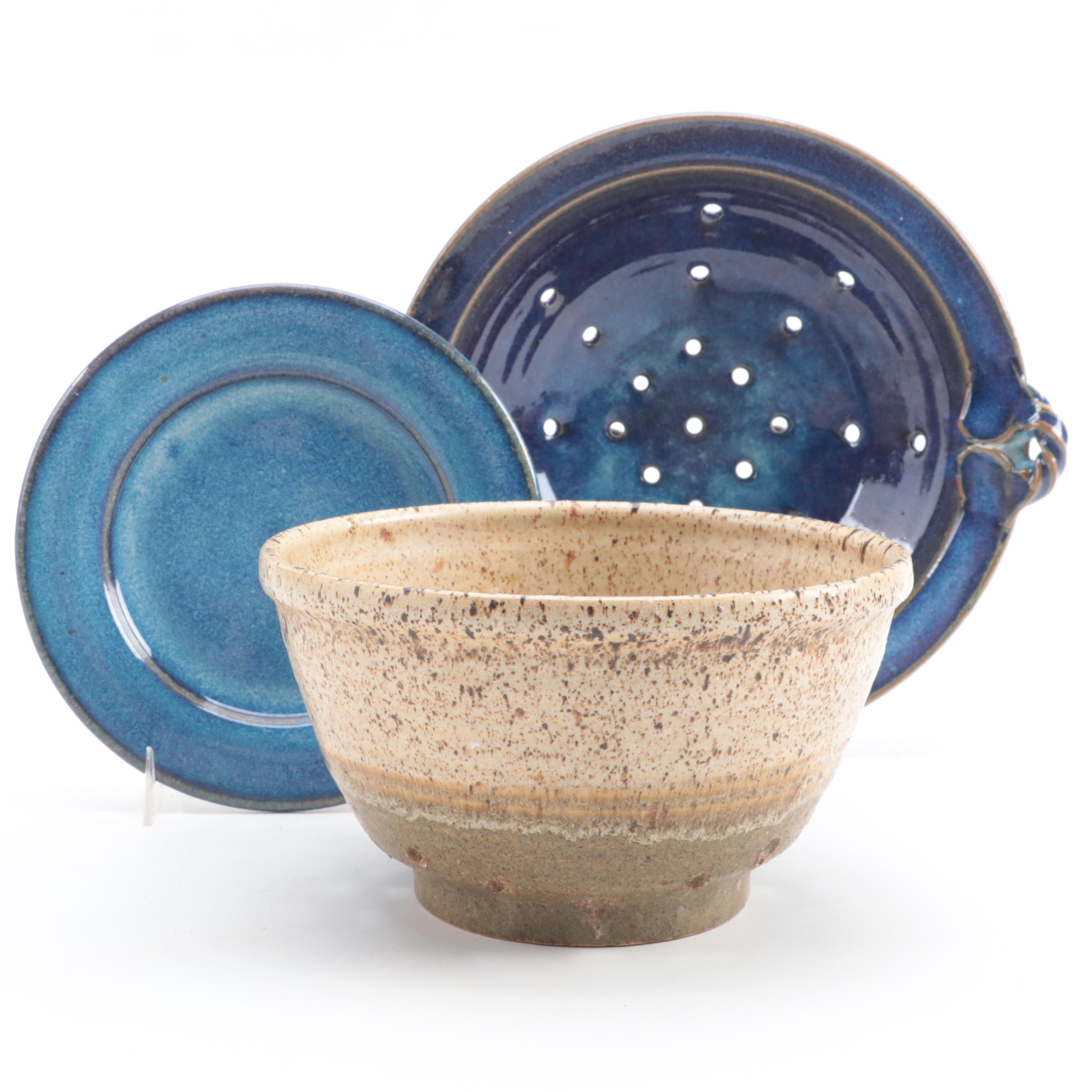 Artist Signed Earthenware Colanders and Other American Art Pottery Plate