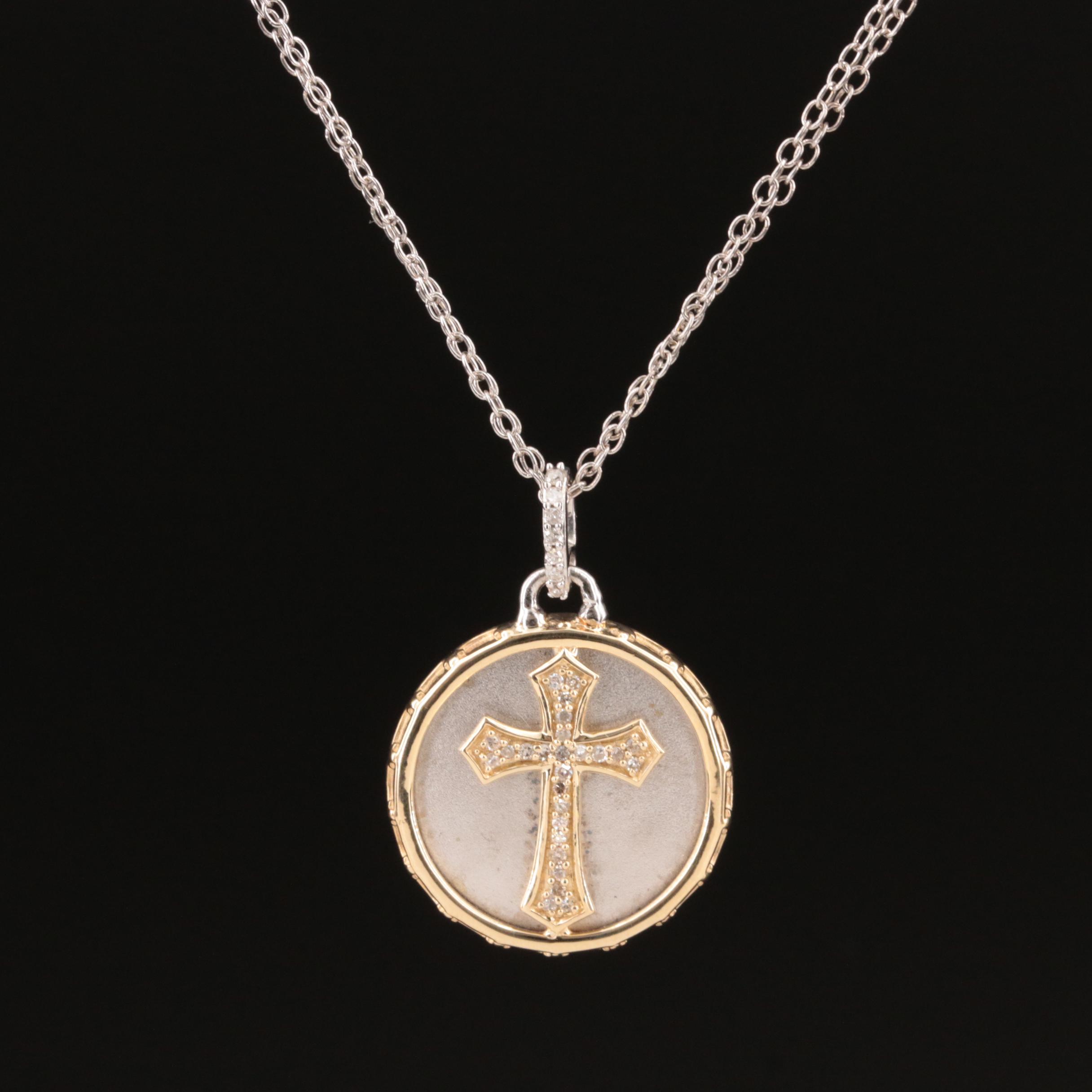 Sterling Diamond Cross Pendant Necklace with 14K Accents