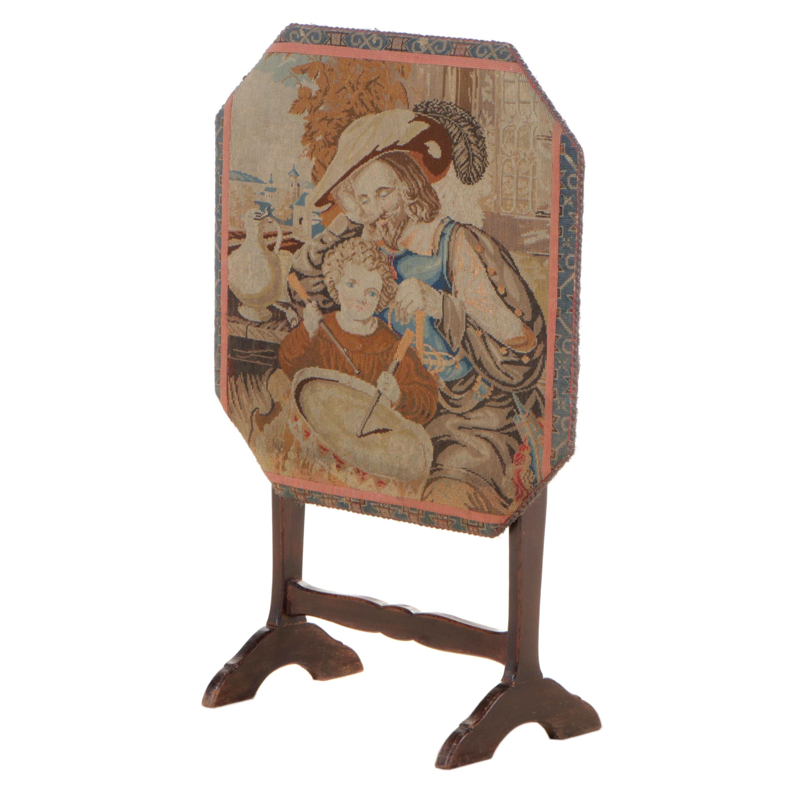 French Beech and Needlepoint Tilt-Top Table, 19th Century