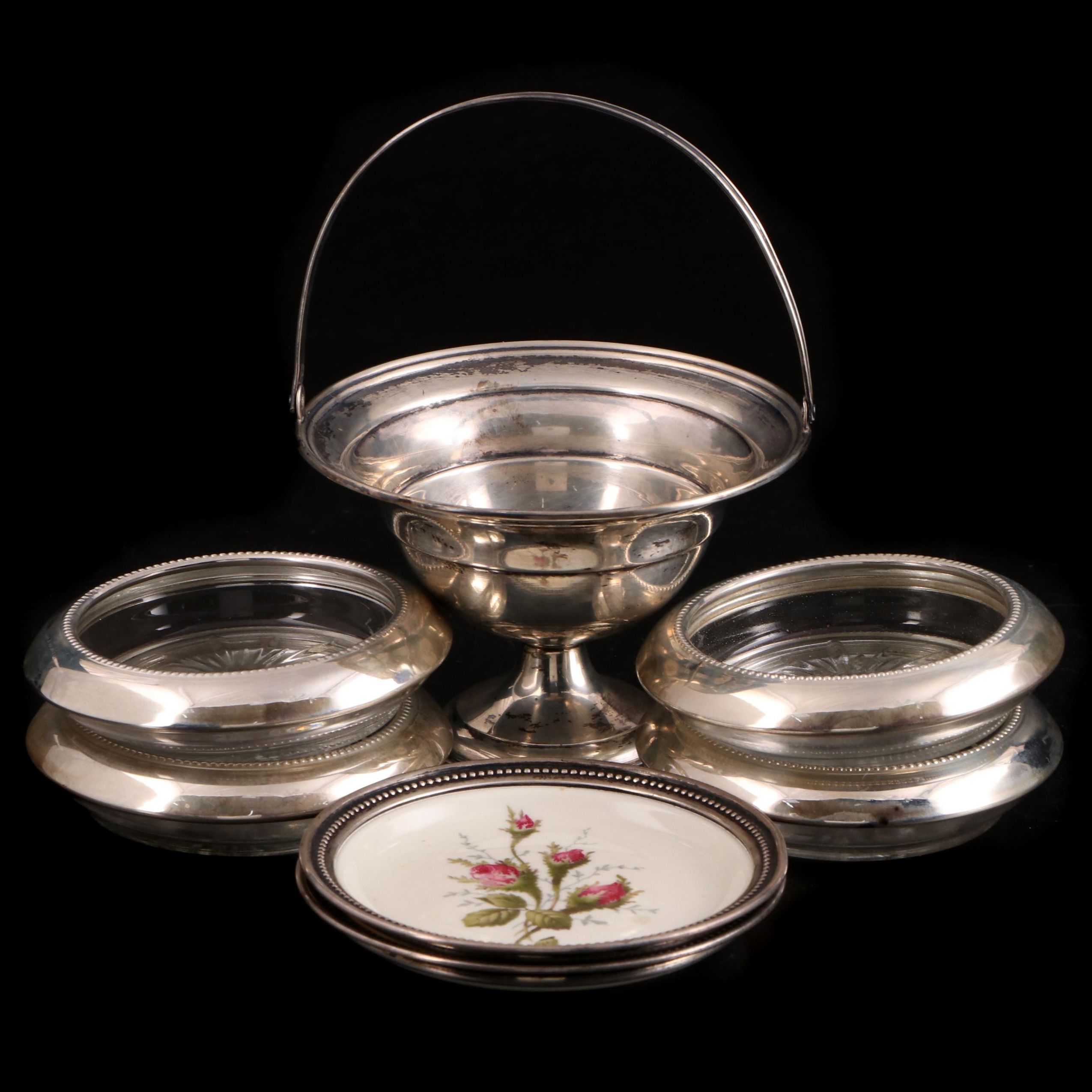 Sterling Silver Basket with Rosenthal and Whiting Sterling Rimmed Coasters
