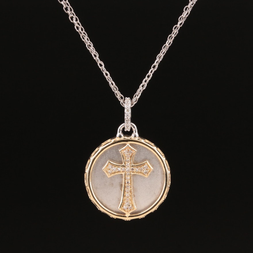 Sterling Diamond Cross Necklace with 14K Accents