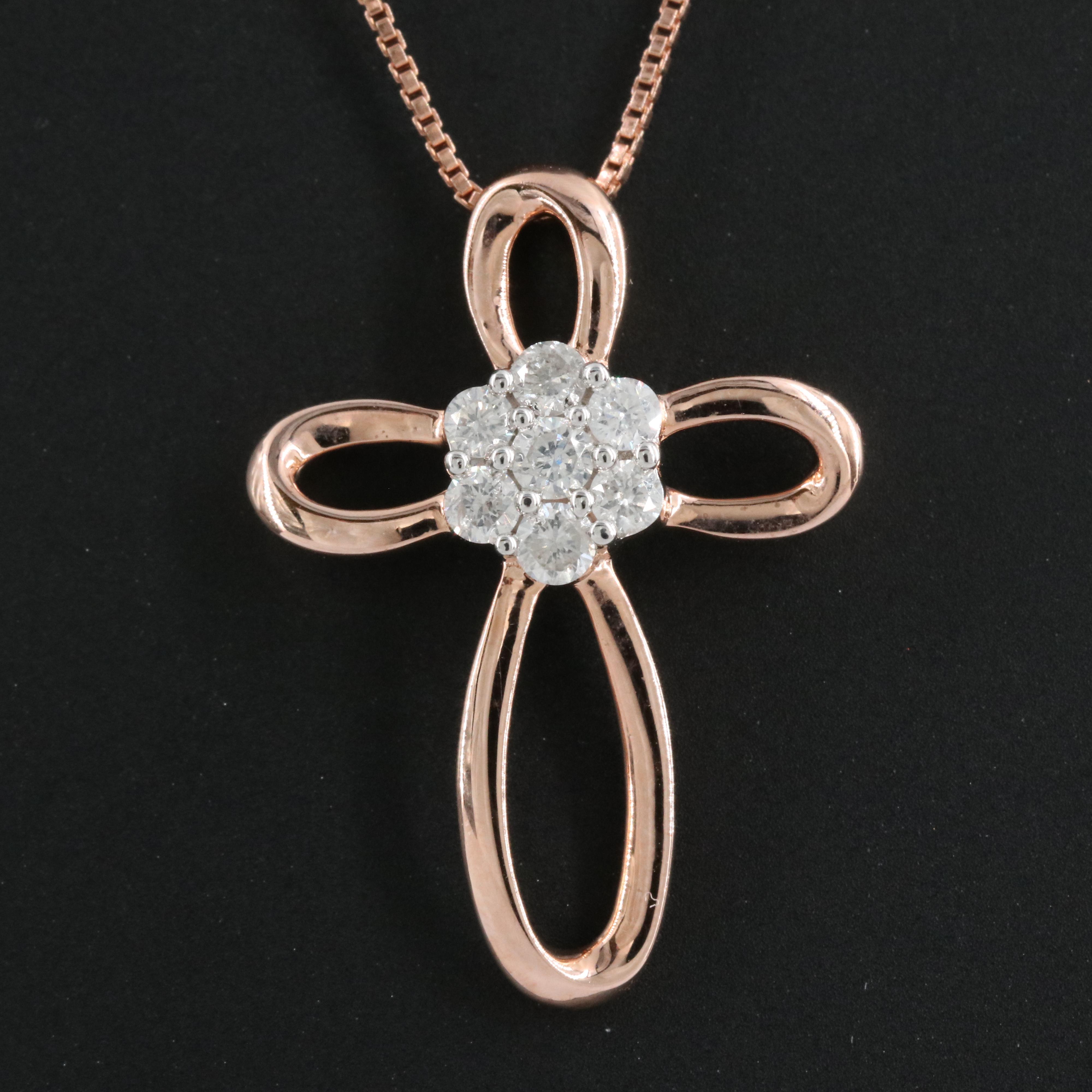 Sterling Diamond Cluster Cross Pendant Necklace