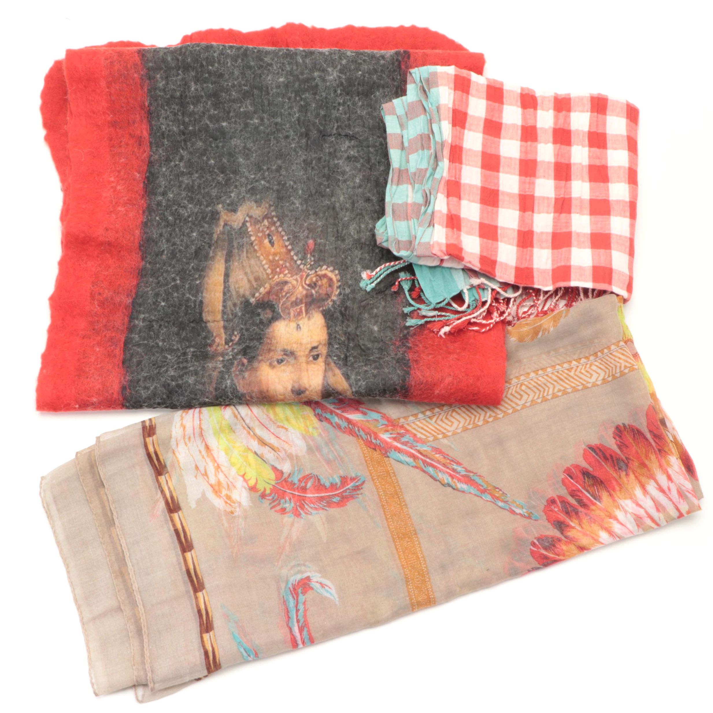 Turkish Portrait Felt Silk Shawl and Other Scarves