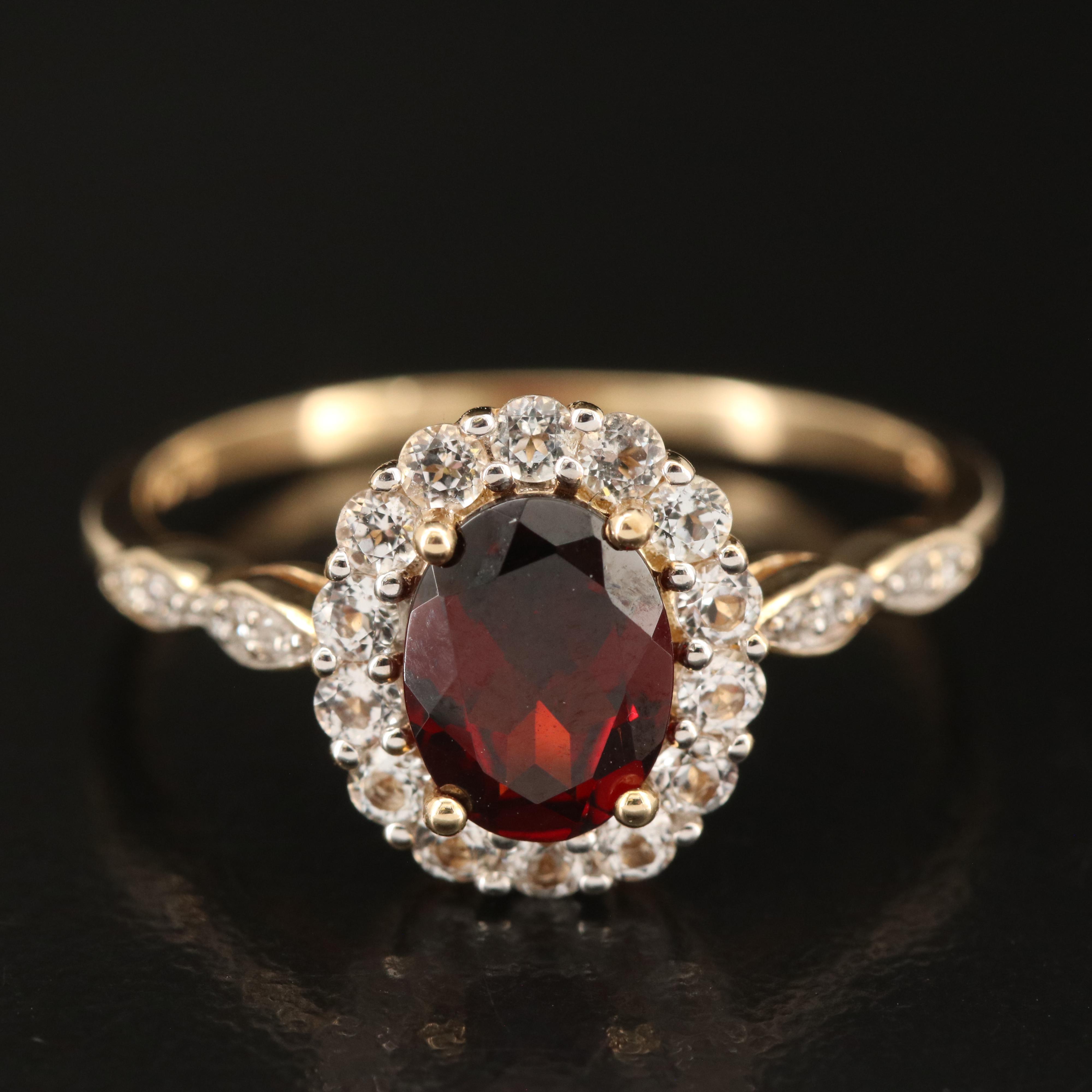14K Garnet, White Topaz and Diamond Ring