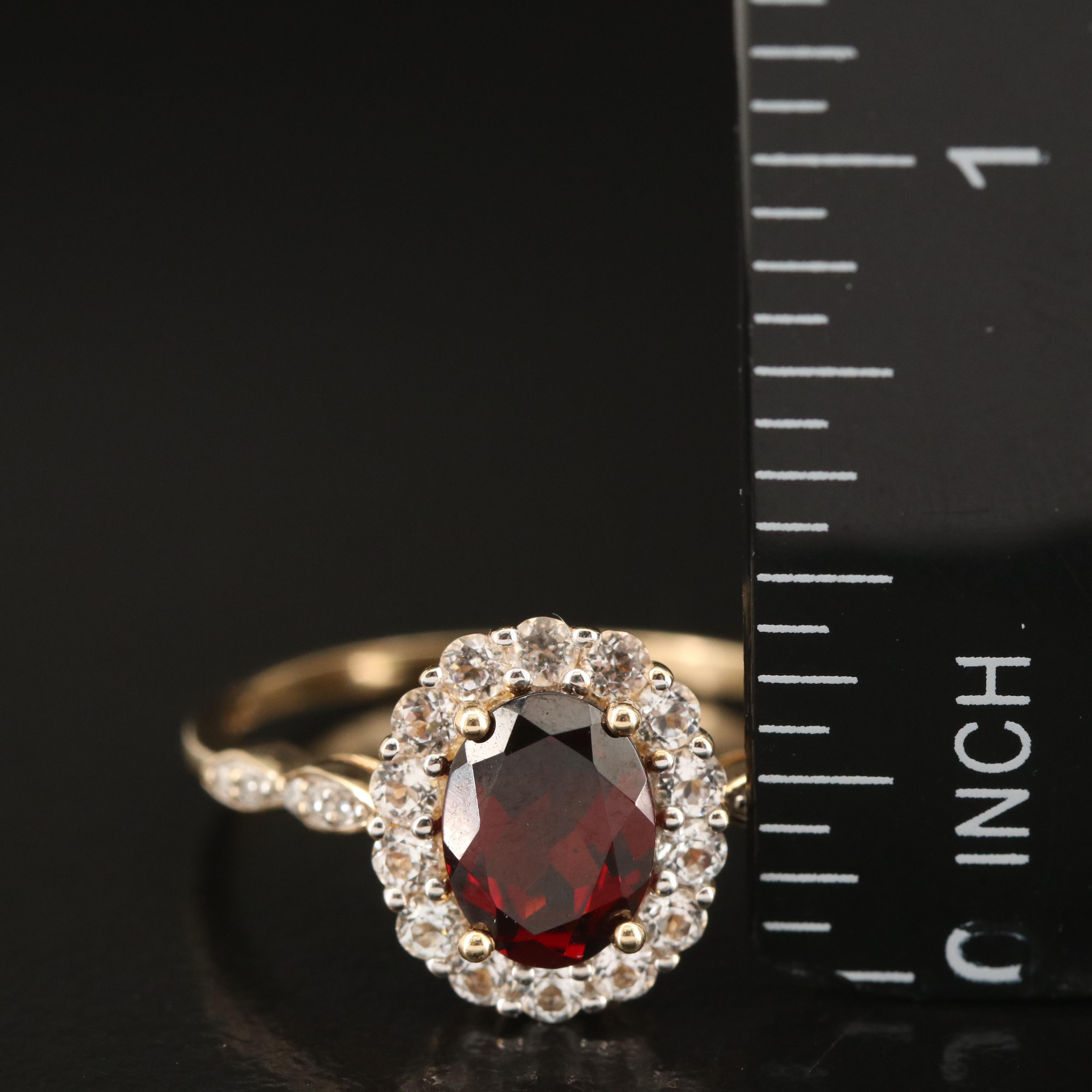 14K Garnet, White Topaz and Diamond Ring