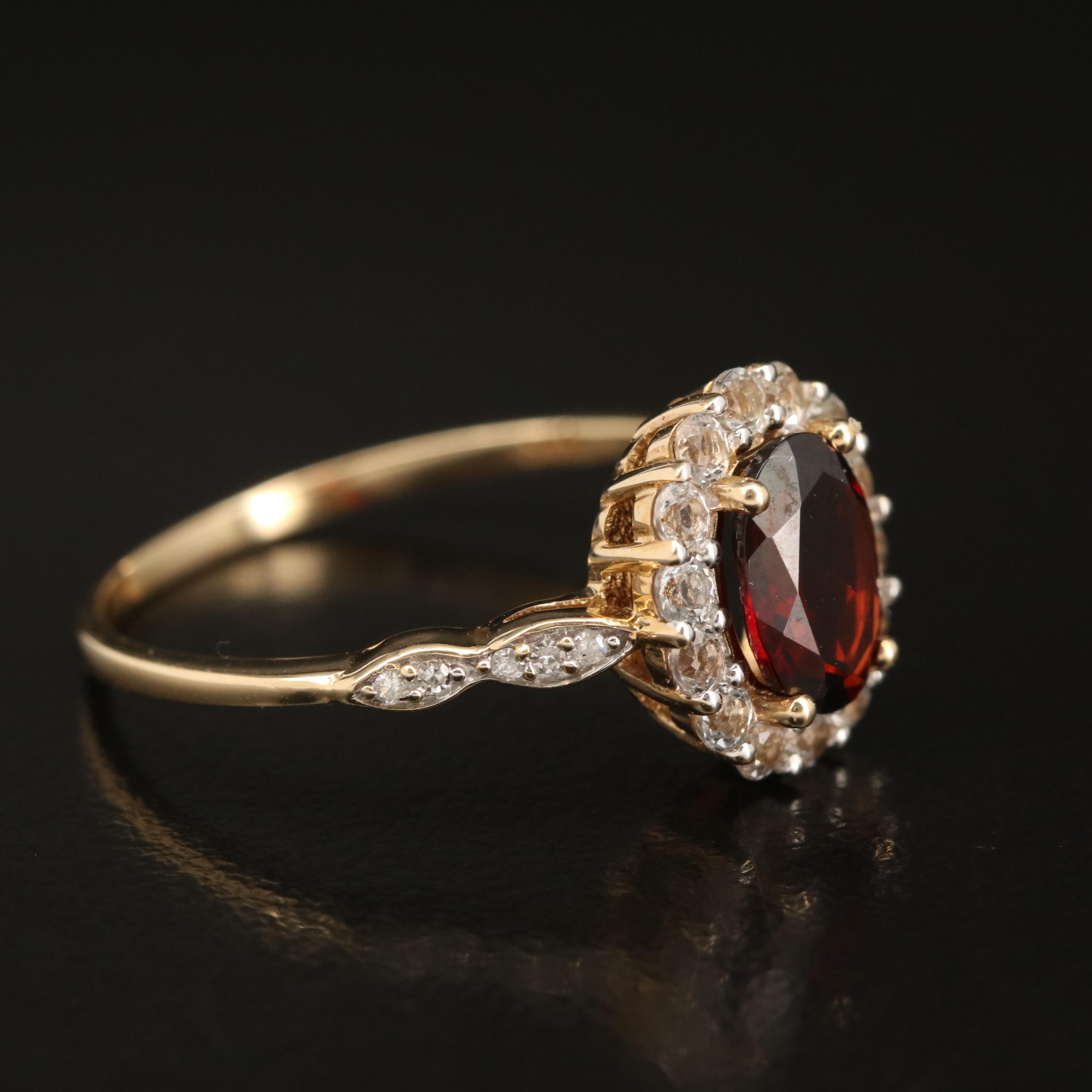 14K Garnet, White Topaz and Diamond Ring