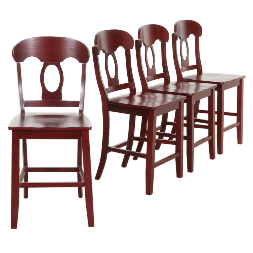 Four Contemporary French Provincial Style Antiqued Red Counter-Height Barstools