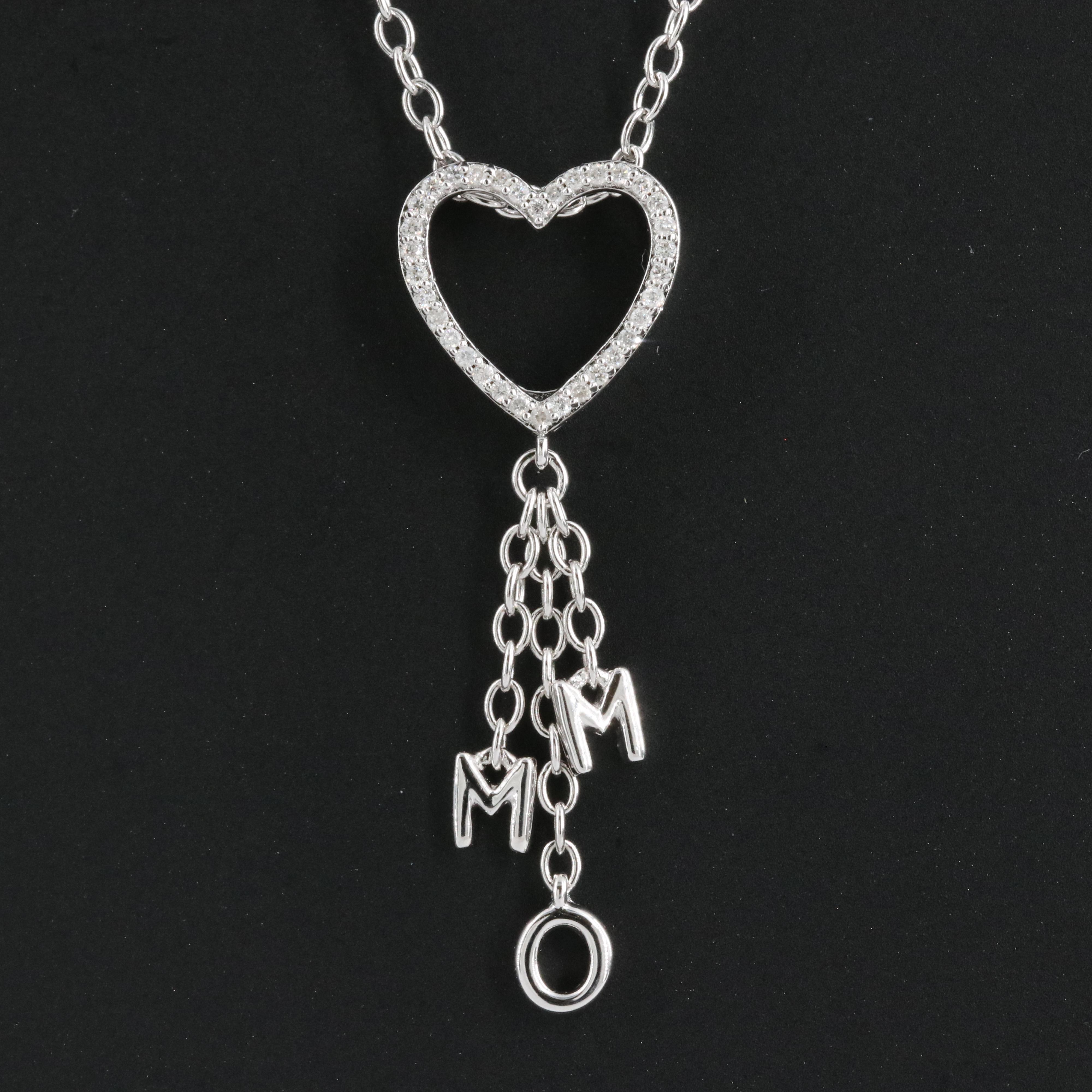 Sterling Diamond Heart Pendant Necklace with Letter Drops