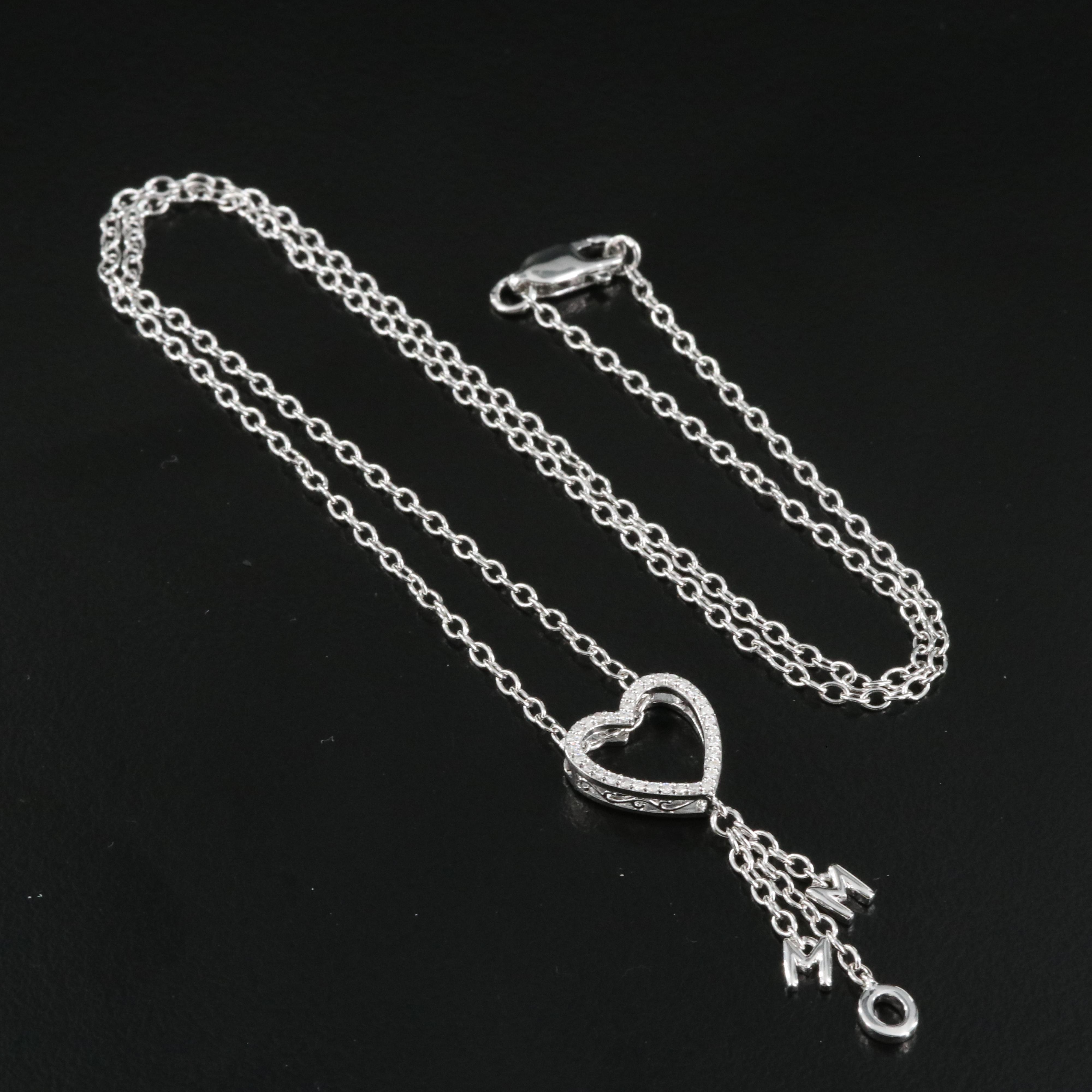 Sterling Diamond Heart Pendant Necklace with Letter Drops